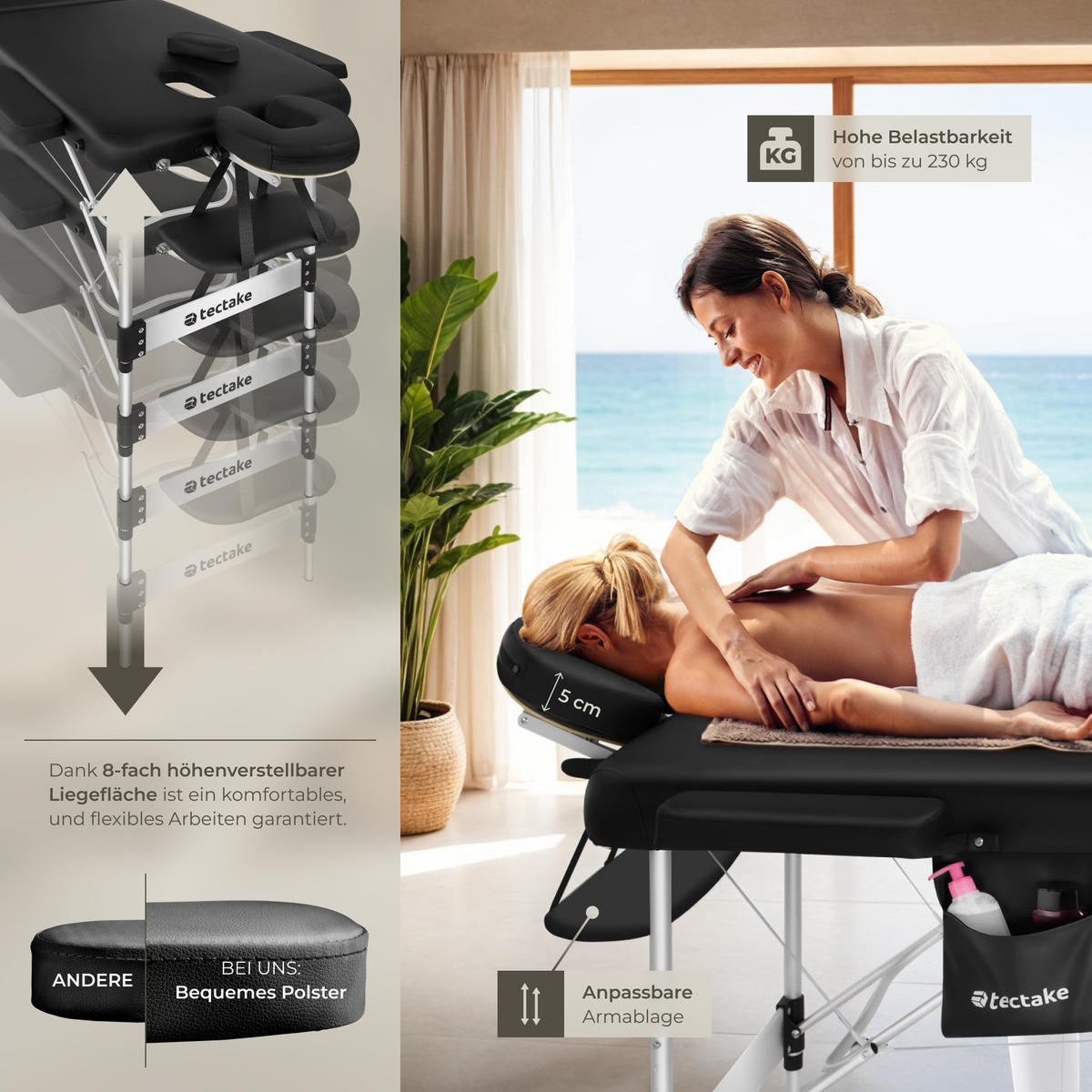 MASSAGELIEGE 3 Zonen Phuket,212 x 103 x 90 cm,schwarz - Schwarz, Metall (103/90/212cm) - tectake