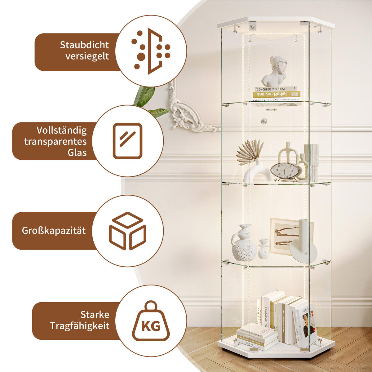 GLASVITRINE freistehend LED 1 Tür Schloss Glas weiß - Weiß, Holz (60/162/40cm) - LEBENLANG