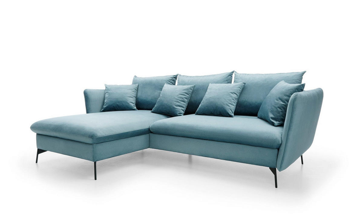 ECKSOFA FERRO Blau Velours-Stoff mit Schlaffunktion - Blau, Holz (258/167cm) - MASSENO