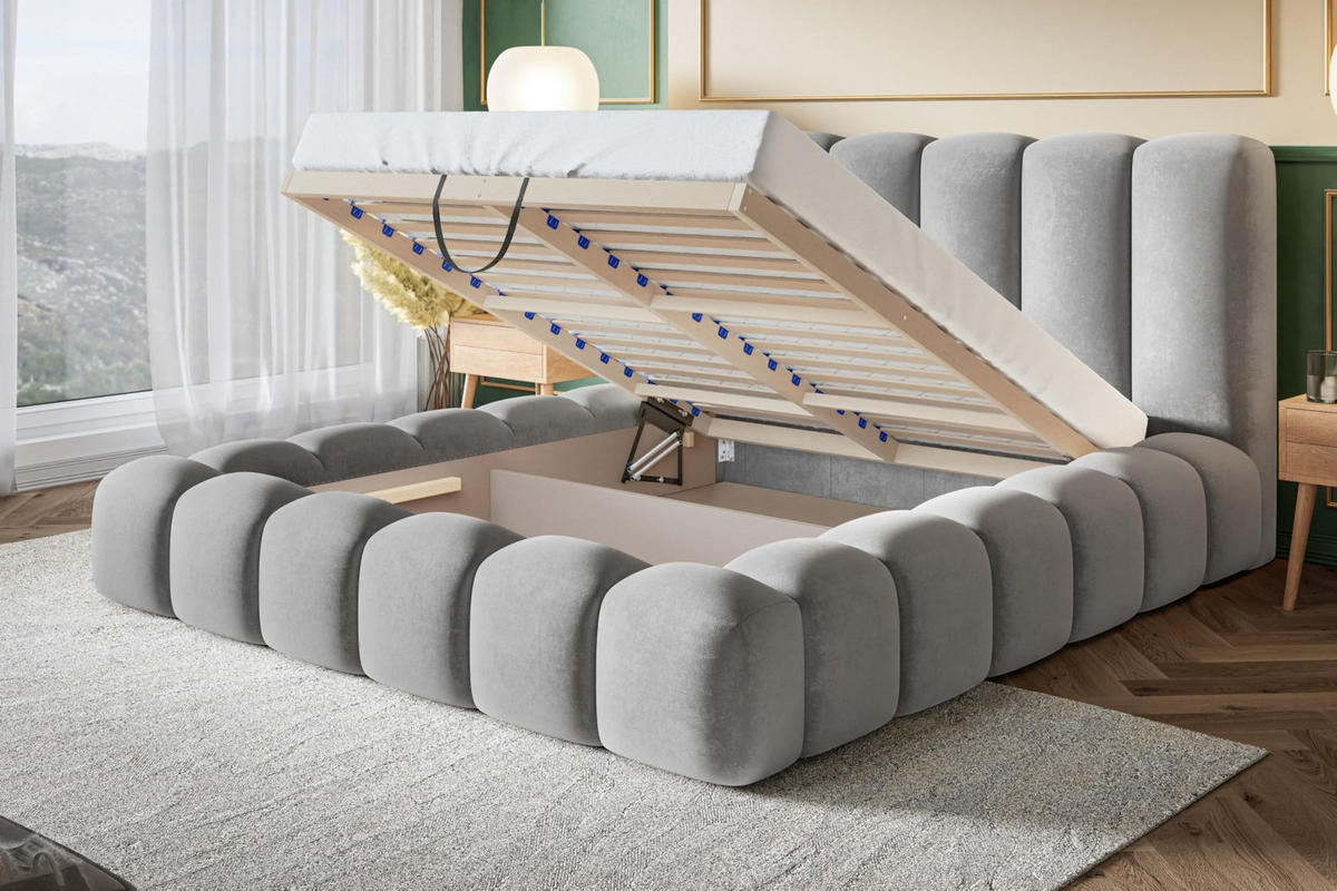 BETT 140x200 - Polsterbett mit Bettkasten und Holzrahmen - Modern Bett - Eleganter Catch Me-Stoff - Kollektion Nora Maxi - Weiß - Weiß, Holz/Textil (140/200cm) - Alpi-Möbel