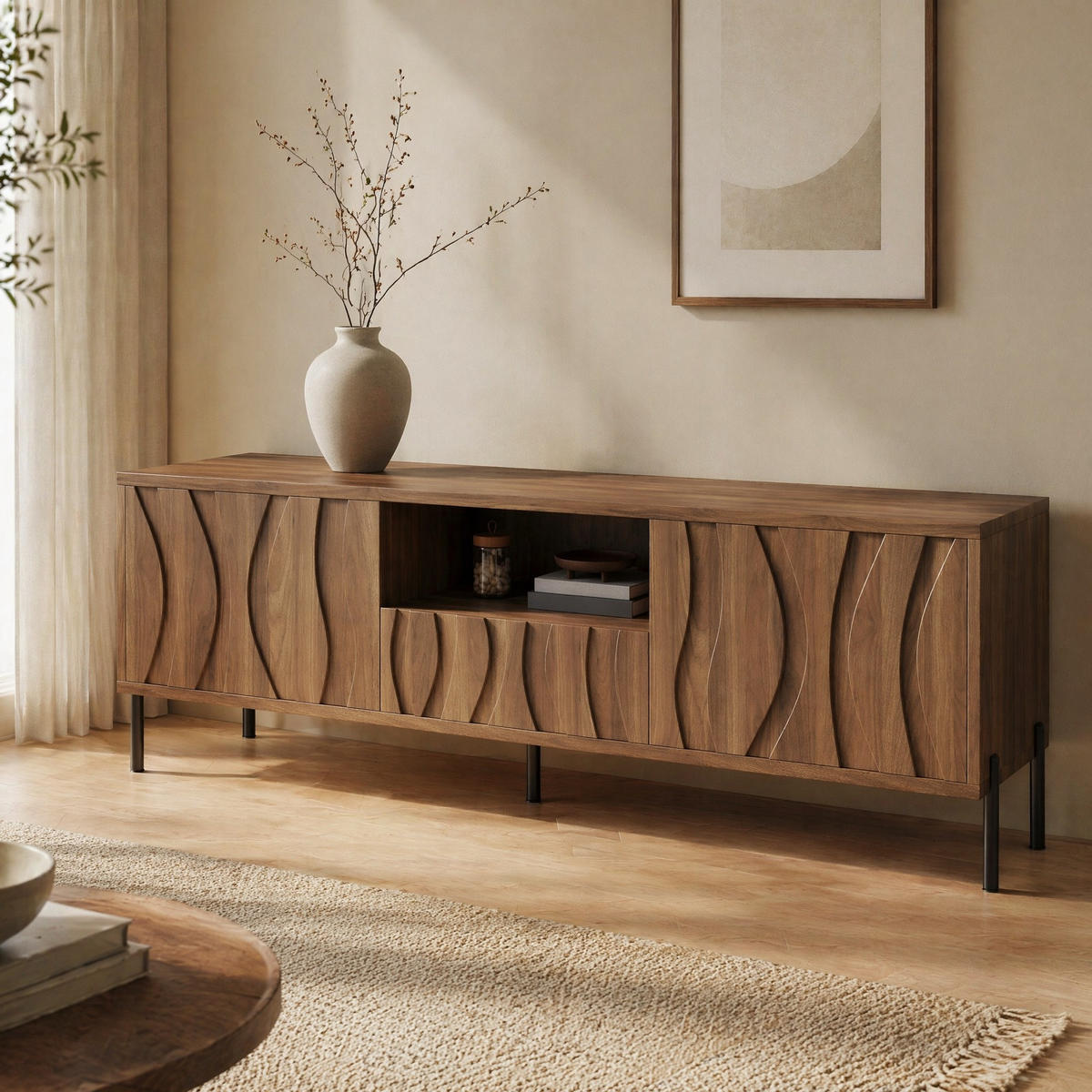 SIDEBOARD in Natur 160/35/46 cm aus MDF mit 3 Türen, Kabeldurchführung und Stauraum - Schwarz/Naturfarben, Holzwerkstoff/Metall (160/46/35cm) - CHICFURN