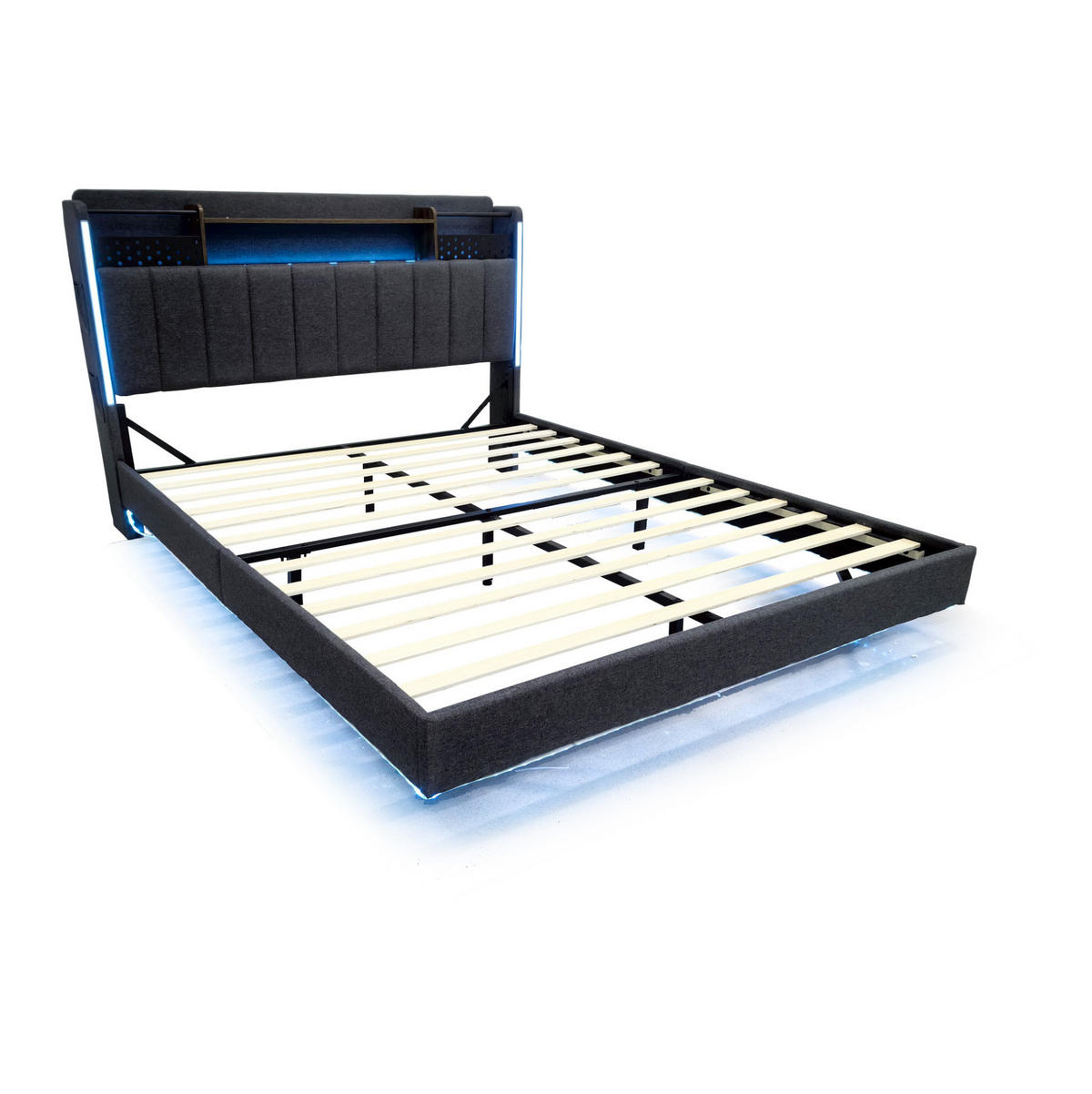 POLSTERBETT 160/200 cm Grau aus Leinenstoff mit LED und USB-Ladeanschluss - Grau, Textil (160/200cm) - OKMYHOME