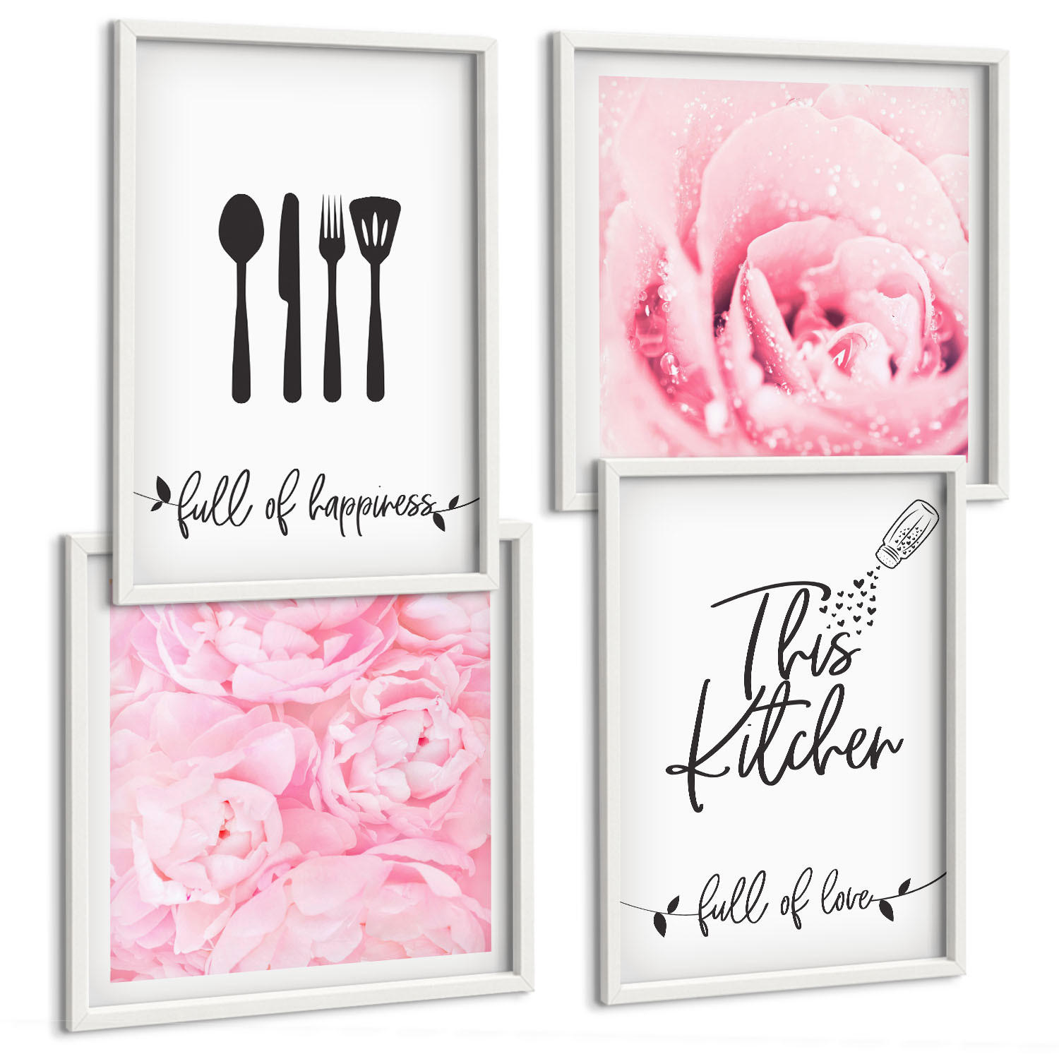 BILDER SET 4er Set - 50x50 cm & 40x60 cm Weißer Rahmen - Zarte Rosenblüten für die Küche - Weiß, Kunststoff (50/50cm) - TULUP