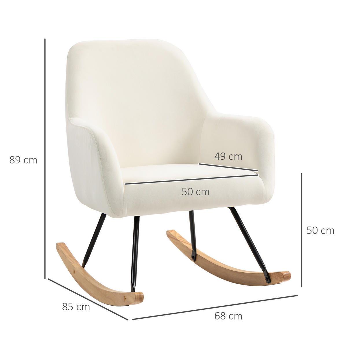 SCHAUKELSTUHL Schaukelsessel mit Armlehne, Holzkufen für Schlafzimmer Creme - Weiß, Kunststoff (68/89/85cm) - HOMCOM