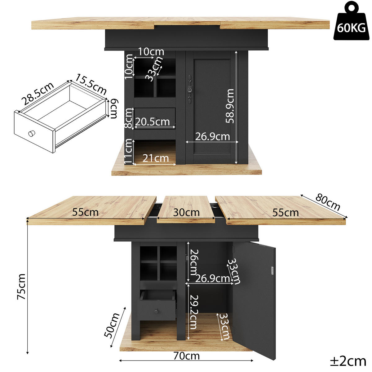 JEDÁLENSKÝ stôl 110-140/80/75 cm, MDF, čierna/prírodná, výsuvný - čierna, kompozitné drevo (140/80/75cm) - BEAOK