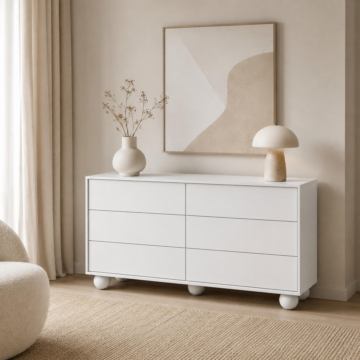 KOMMODE Adel mit 6 Schubladen und runden Füßen, 154 cm, Griffloss, Weiß - Weiß, Holzwerkstoff (154/81/38cm) - Beautysofa