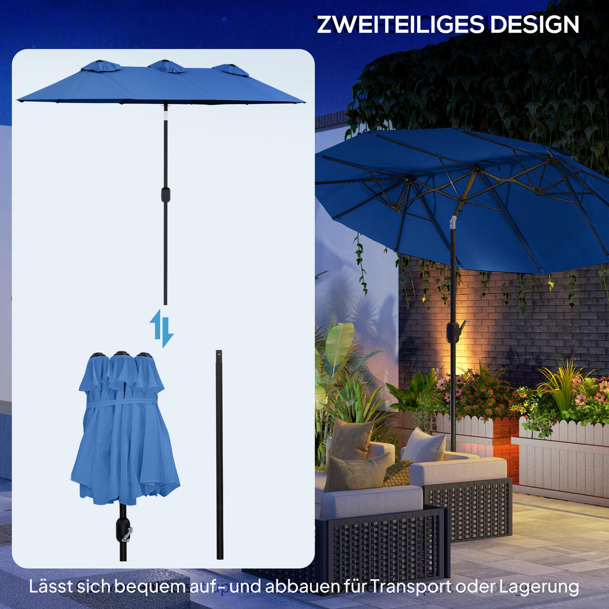 DOPPELSONNENSCHIRM aus Polyester Stahl Blau - Blau, Metall (147/285cm) - Outsunny