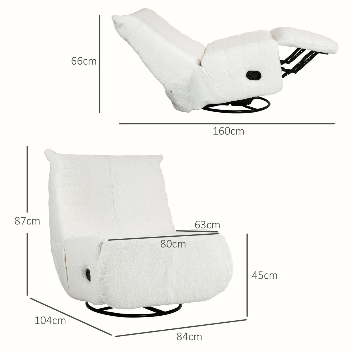 RELAXSESSEL Drehbar Fernsehsessel mit Liegefunktion, Schaukelfunktion Cremeweiß - Creme, Kunststoff (104/87/84cm) - HOMCOM
