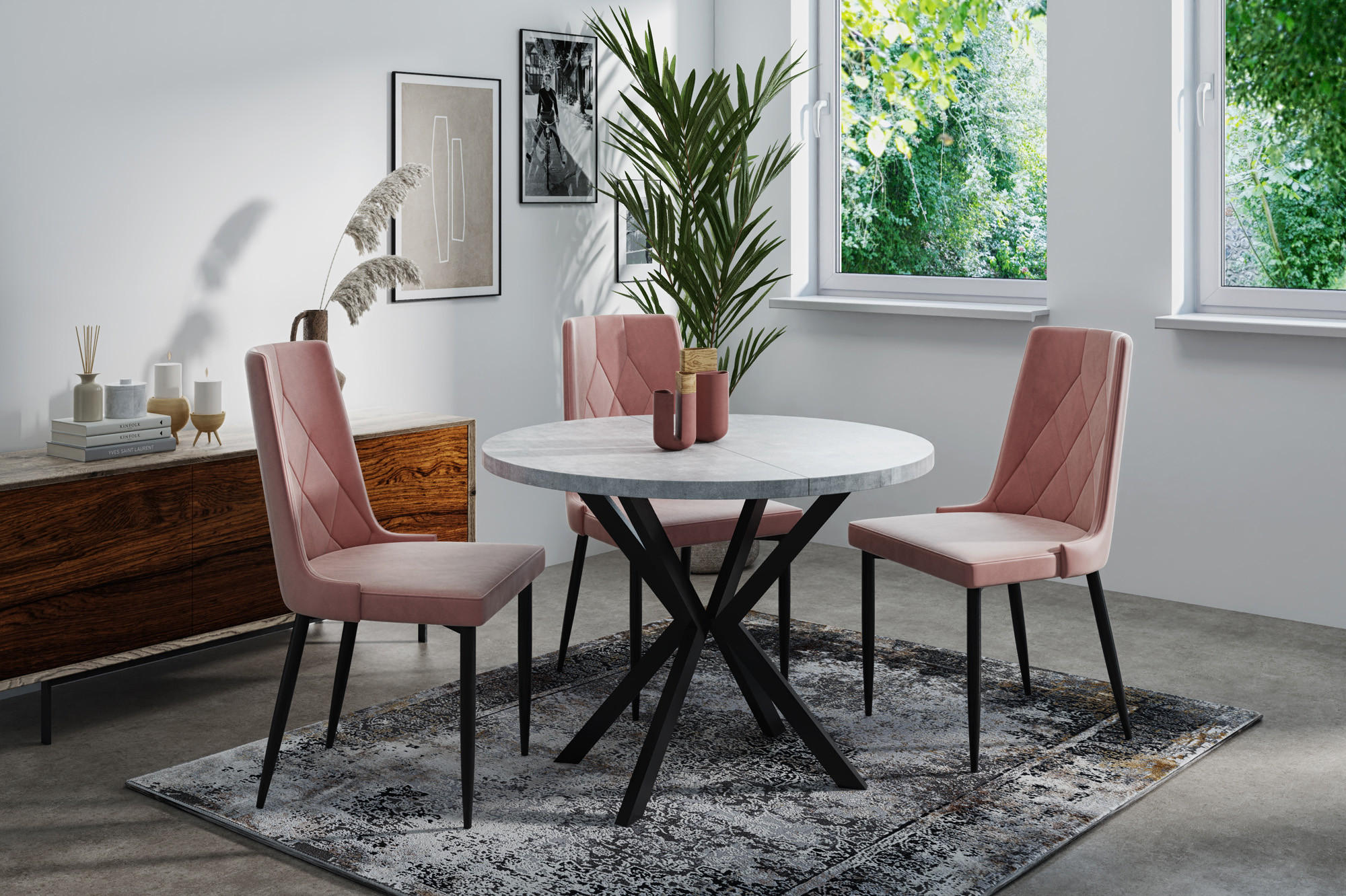 ESSTISCH Valeo runder ausziehbarer, Grauer Beton 120-200/120/76 cm - Hellgrau/Schwarz, Holzwerkstoff/Metall (120/120/76cm) - WFL GROUP