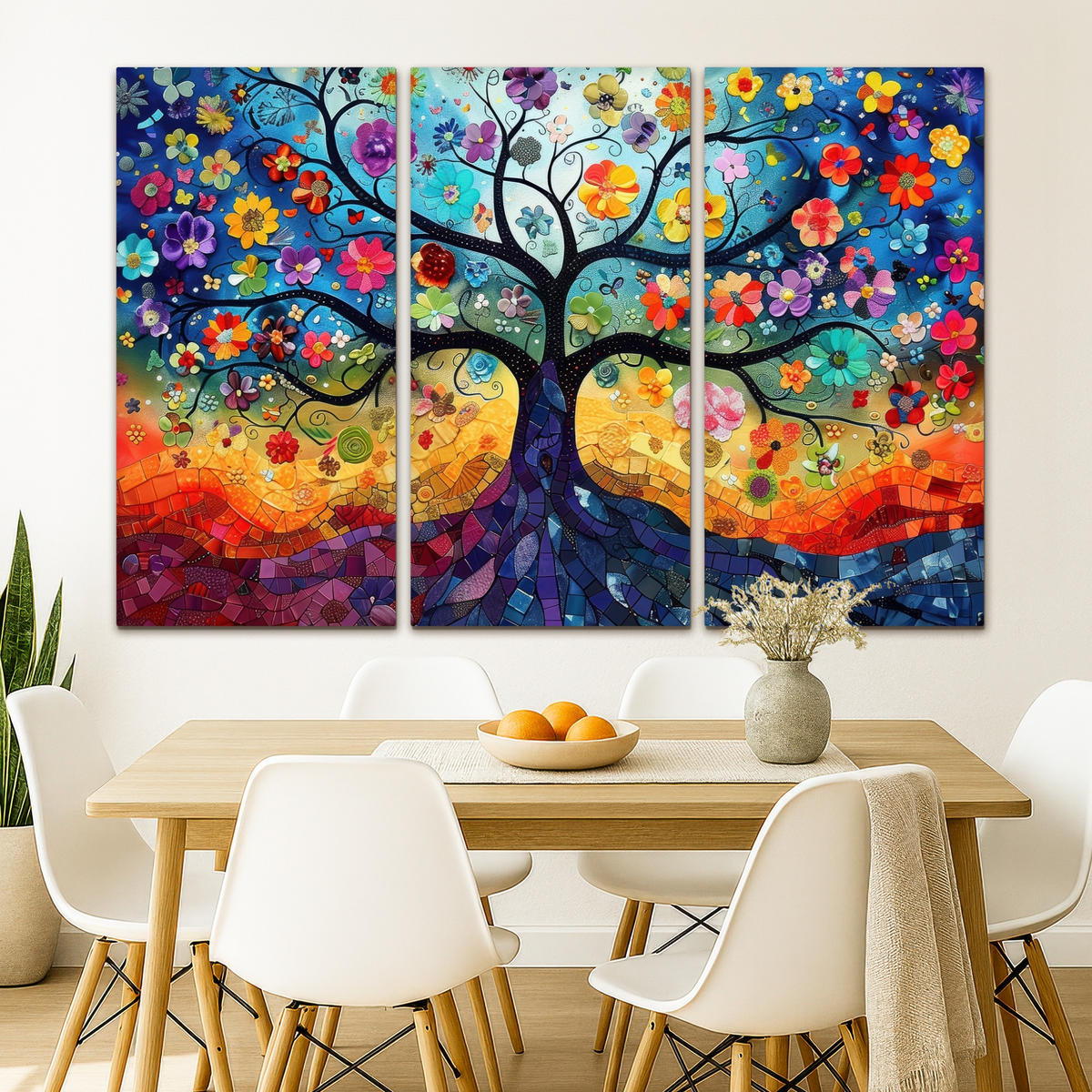 LEINWANDBILD 3er Set Bunt - Baum des Lebens - Blumen - Abstrakt 180x120 cm - Blau, Textil (180/120cm) - MuchoWow