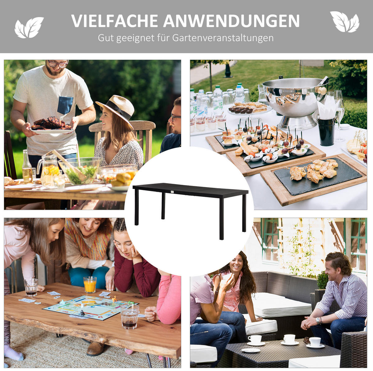 GARTENTISCH aus Aluminium 190x90x74 cm Schwarz mit Holzoptik und verstellbaren Fußpolstern - Schwarz, Metall (190/90/74cm) - Modfu