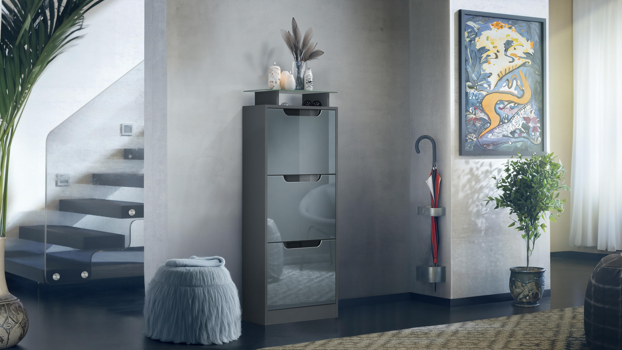 SCHUHSCHRANK Space Grau Hochglanz - Grau, Holzwerkstoff (46/128/23cm) - Vladon