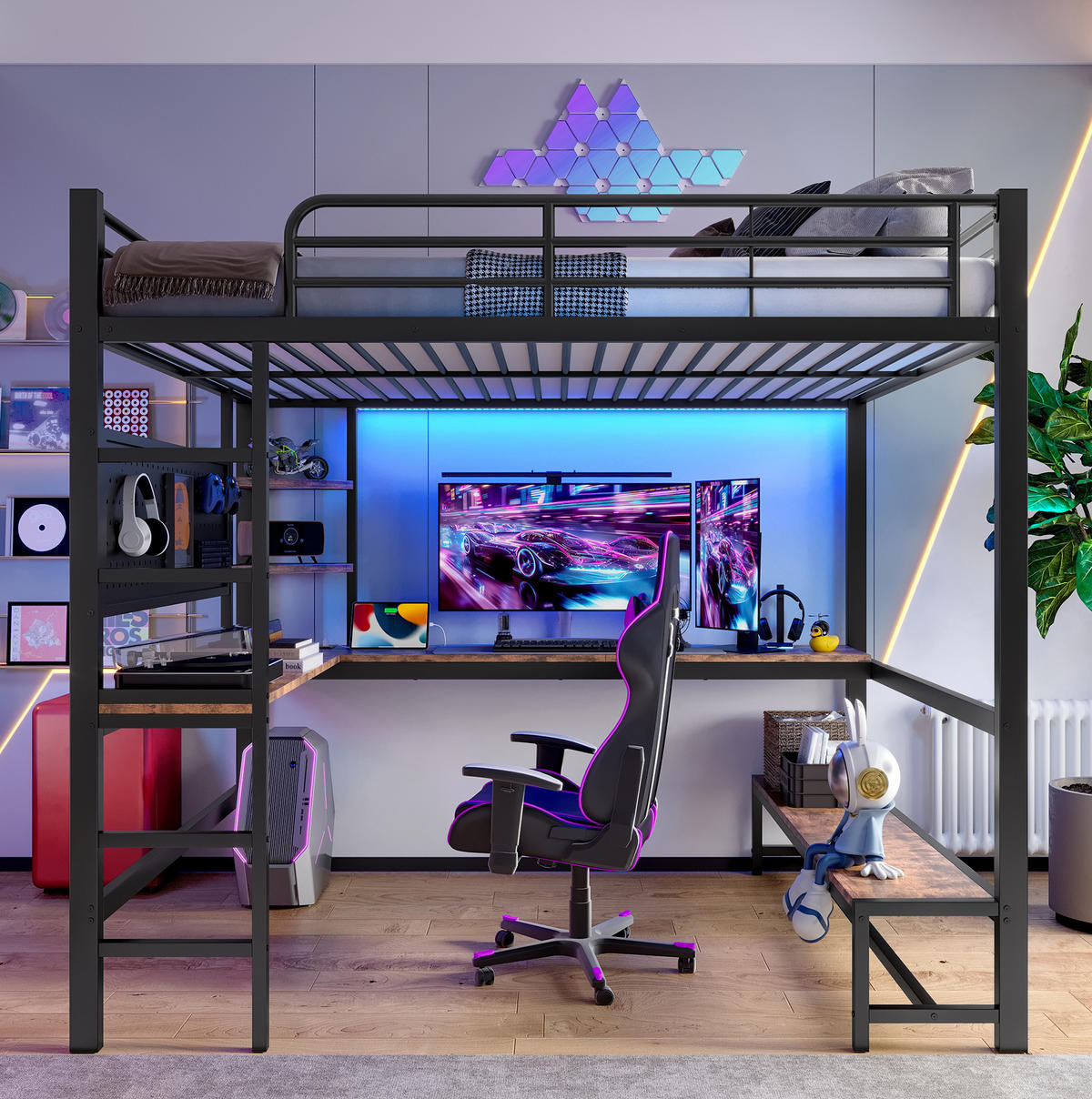 HOCHBETT 140/200 cm aus Metall/MDF mit Schreibtisch, LED-Leiste und USB-C-Anschluss Schwarz - Schwarz, Metall (140/200cm) - Modenvie
