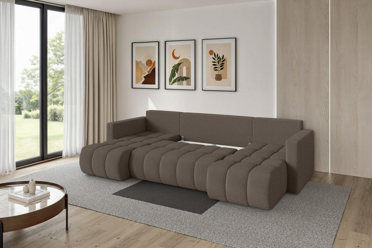 SEDACÍ SOUPRAVA DO U s funkcí spaní a úložným prostorem GARD-U 300x146x85 hnědá bouclé - černá/hnědá, kompozitní dřevo/textil (300/85/146cm) - ALTDECOR