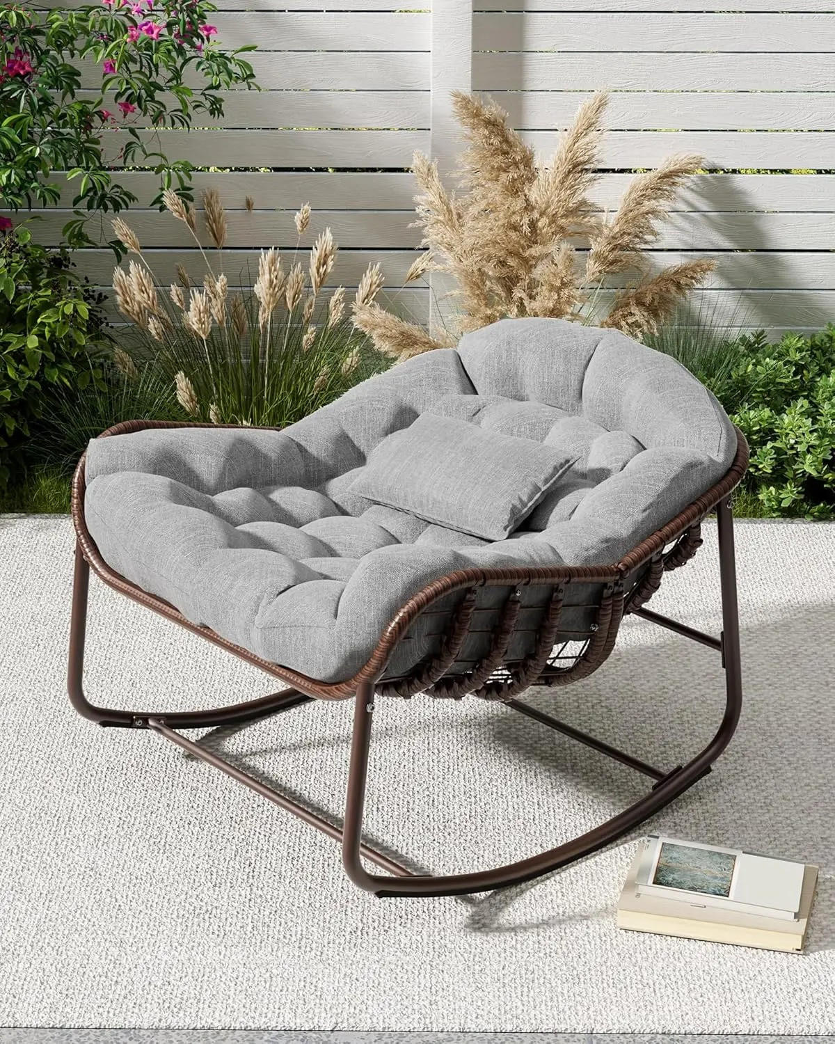 SCHAUKELSTUHL Rattan mit dicker Polsterung, großer Lounge-Eierstuhl für Garten und Innenbereich, Grau - Grau, Textil (83/64/92cm) - Kaket
