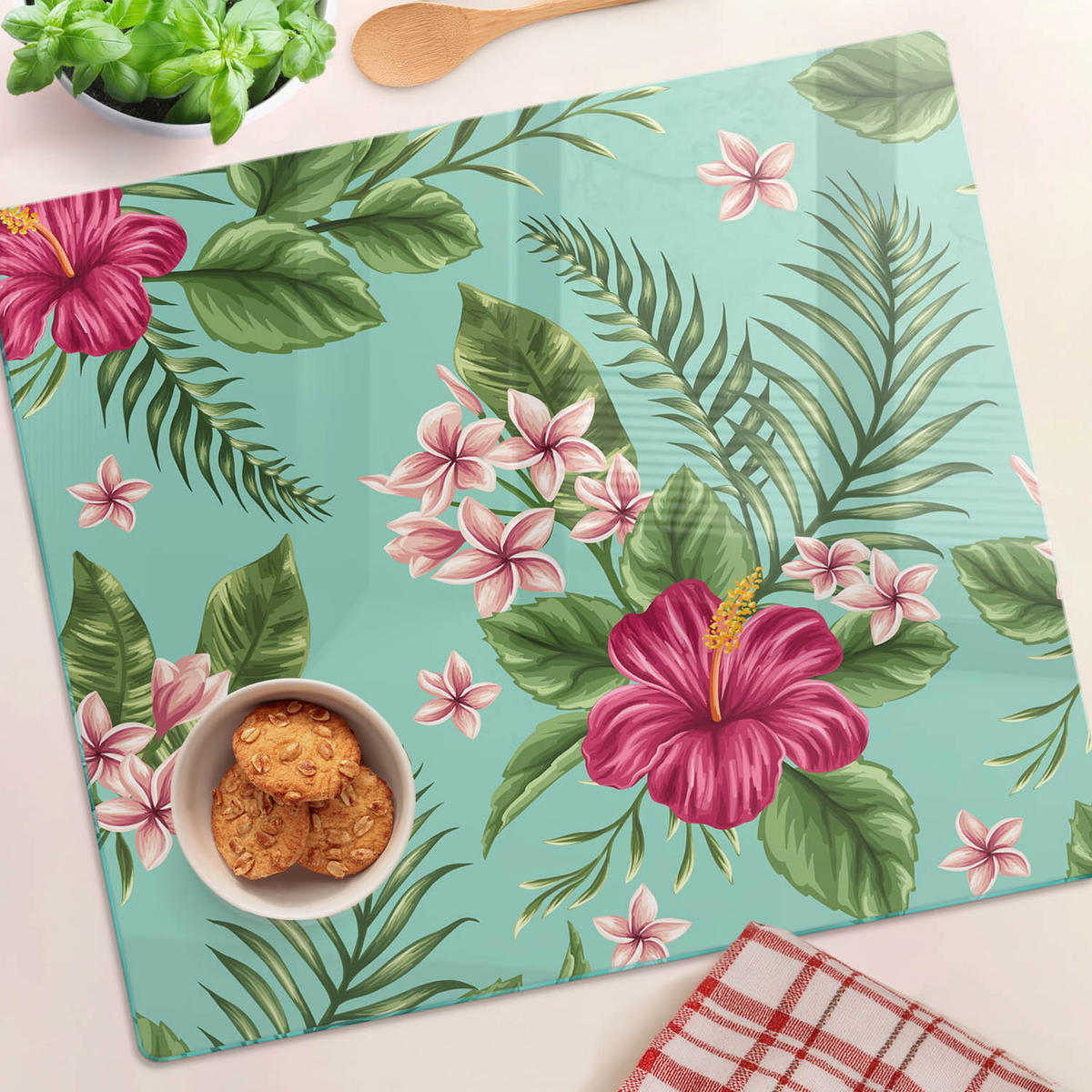 GLASPLATTE 60x52 cm Hawaiianische Blumen - Pink, Glas (60/0.4/52cm) - TULUP