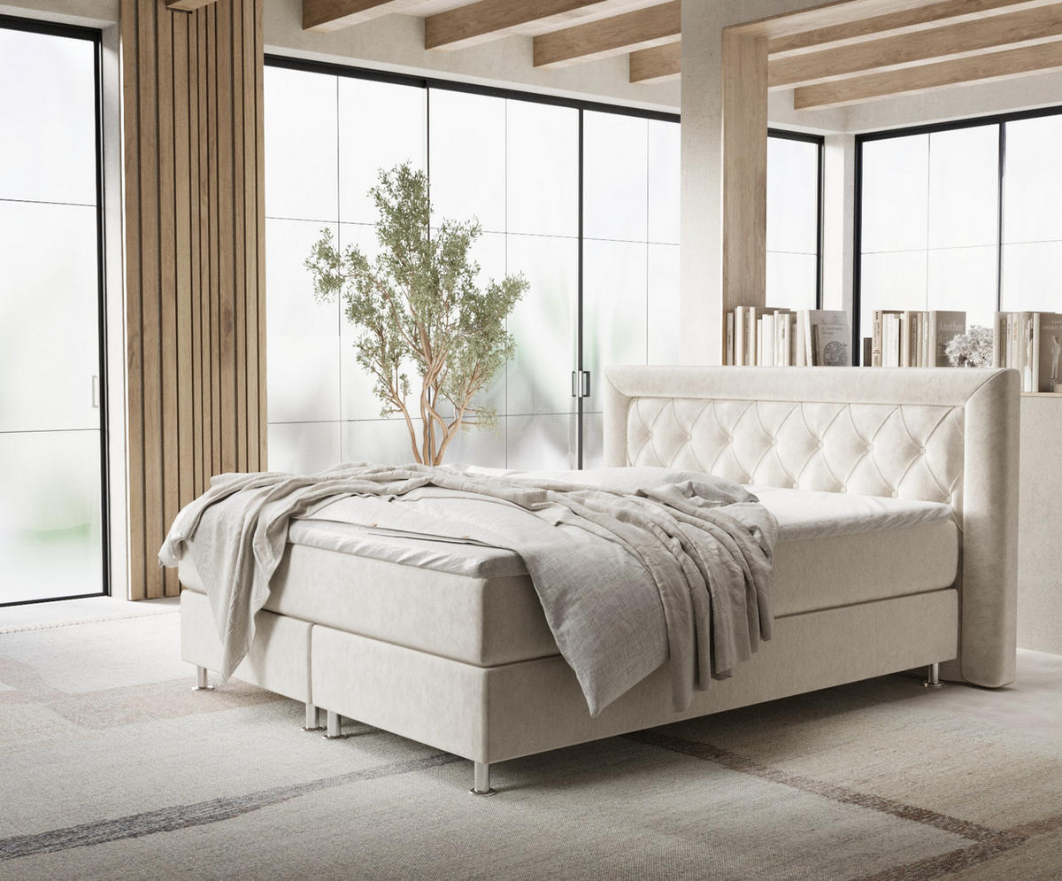 BOXSPRINGBETT Lavello Ecru 180/200 cm mit Latex-Topper - Ecru/Silberfarben, Holz/Holzwerkstoff (180/200cm) - Maison de Reve