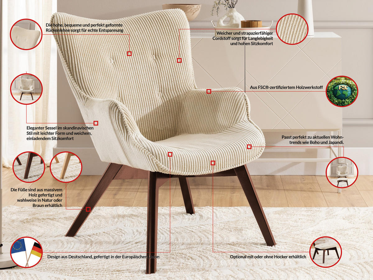 LOUNGESESSEL mit Fußhocker Lenari Beige Cordstoff mit Füßen in Braun - Beige/Braun, Holz/Textil (71/96/86cm) - S-Style Möbel