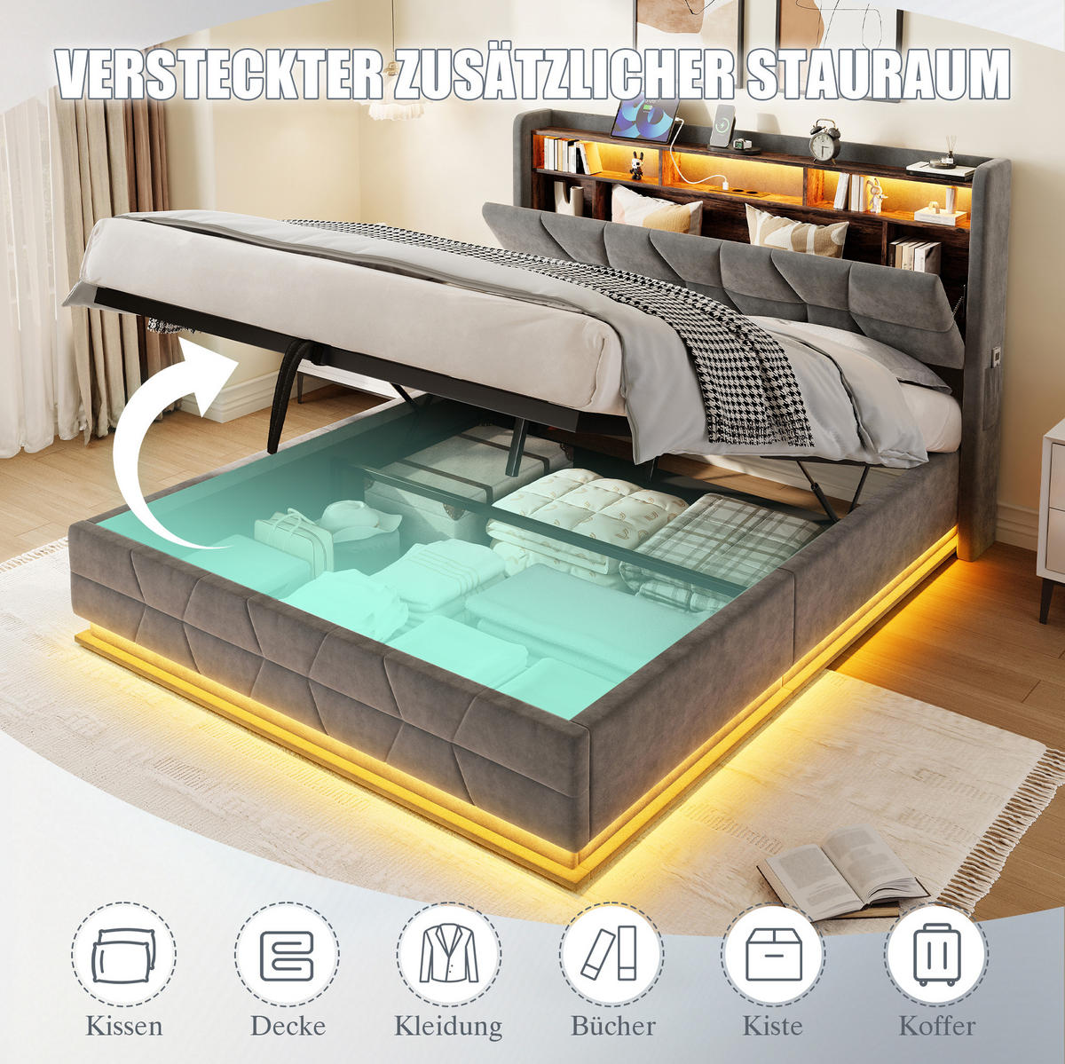 POLSTERBETT aus Velvet 160x200 cm in Dunkelgrau mit LED & USB/Type-C - Dunkelgrau, Textil (160/200cm) - Modfu