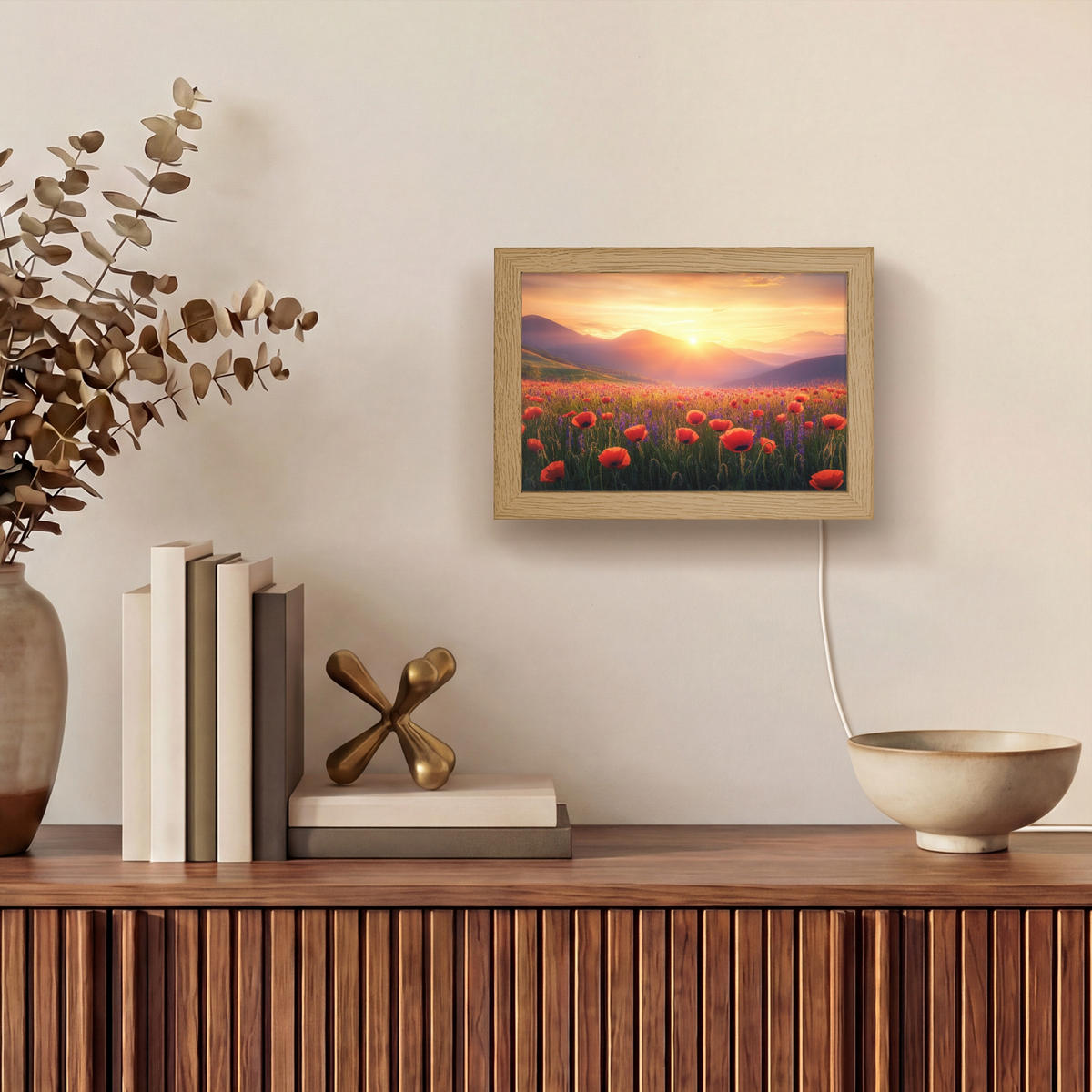 WANDLEUCHTE Landschaft - Sonnenuntergang - Blumenfeld 20x15 cm - Rot, Holzwerkstoff (20/15/8cm) - OnlyWow