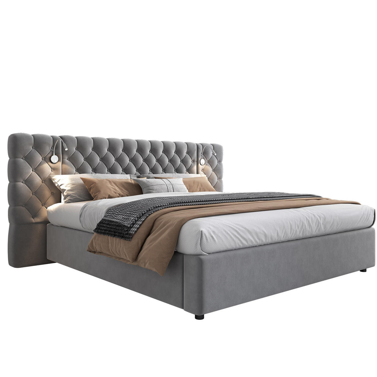 POLSTERBETT 160/200 cm Grau mit hydraulischem Bettkasten und LED-Beleuchtung - Grau, Textil (160/200cm) - OKWISH
