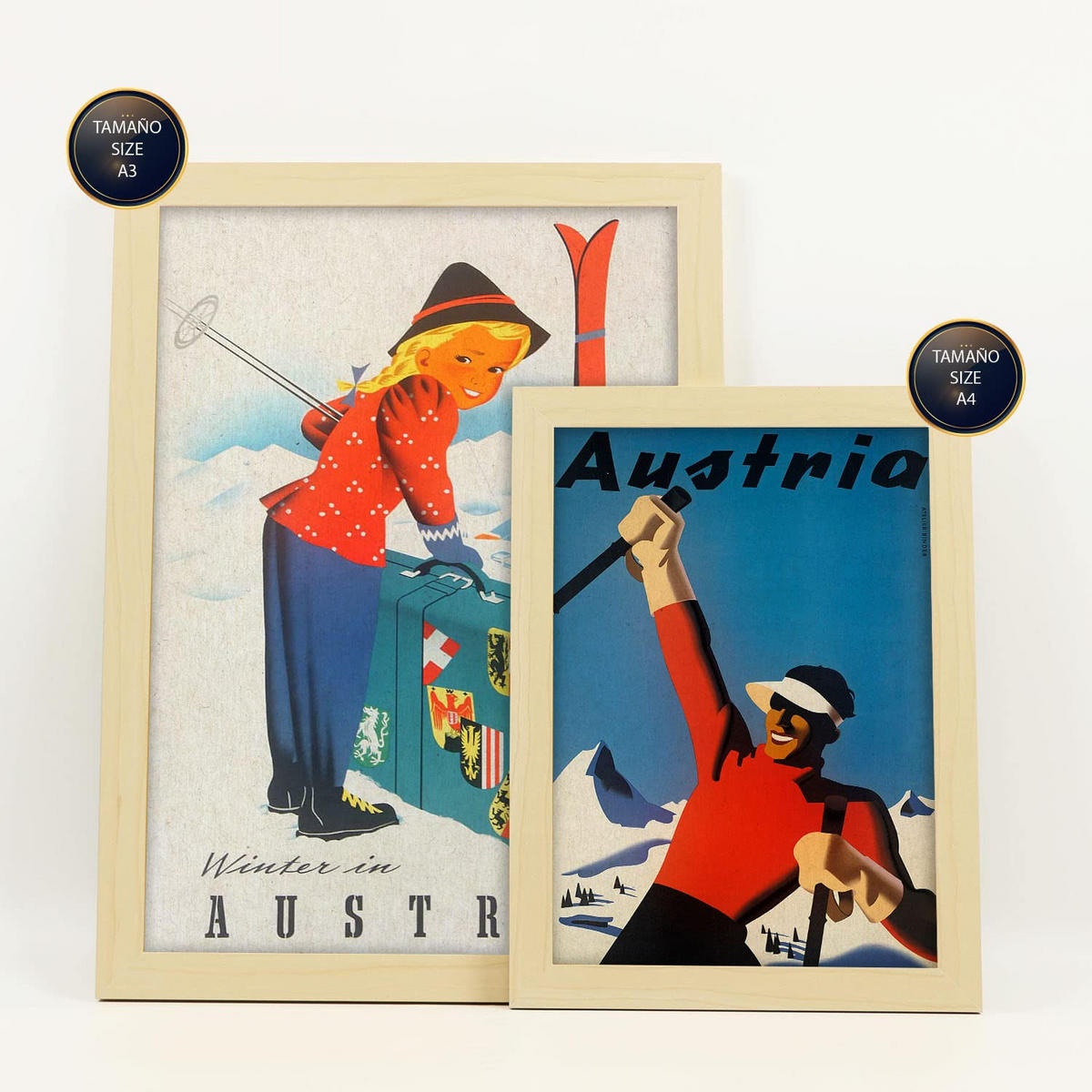 POSTER Set Mit 6 Österreich 2 Vollfarbige Illustrationen Von Vintage Tourismus Werbetafeln Aus Der Ganzen Welt A3 & A4 Rahmen Aus Hellem Holz - Beige, Papier (29/3cm) - Nacnic
