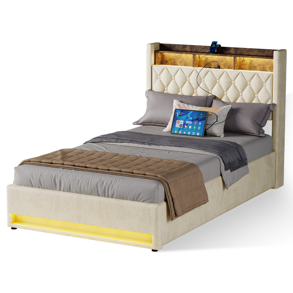 POLSTERBETT 140/200 cm in Beige Samt mit Bettkasten, LED-Beleuchtung und USB-Anschluss - Beige, Holzwerkstoff/Textil (140/200cm) - CHICFURN