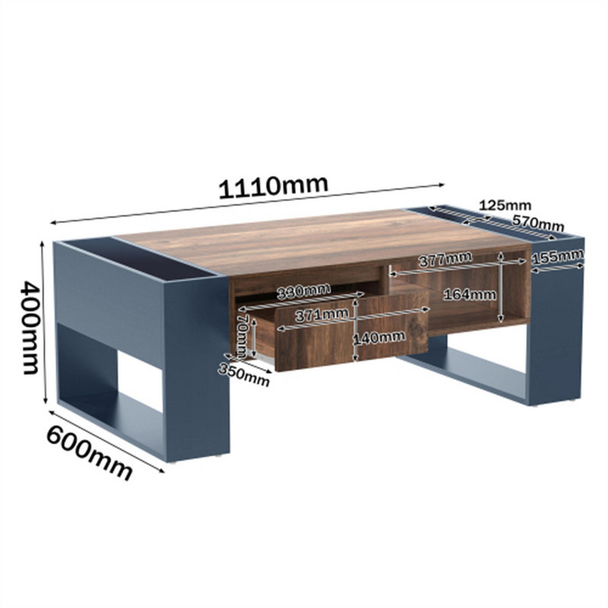 COUCHTISCH in Holzoptik mit Schubladen, Staufächern und beidseitiger Rückwand. Beistelltisch für das Wohnzimmersofa. Anthrazitgrau. - Grau, Holzwerkstoff (111/60/40cm) - Blomus