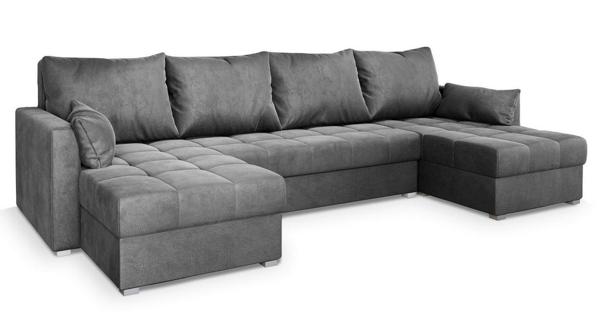 WOHNLANDSCHAFT NAKO M Grau Velours-Stoff mit Schlaffunktion - Grau, Holz (285/85/140cm) - MASSENO