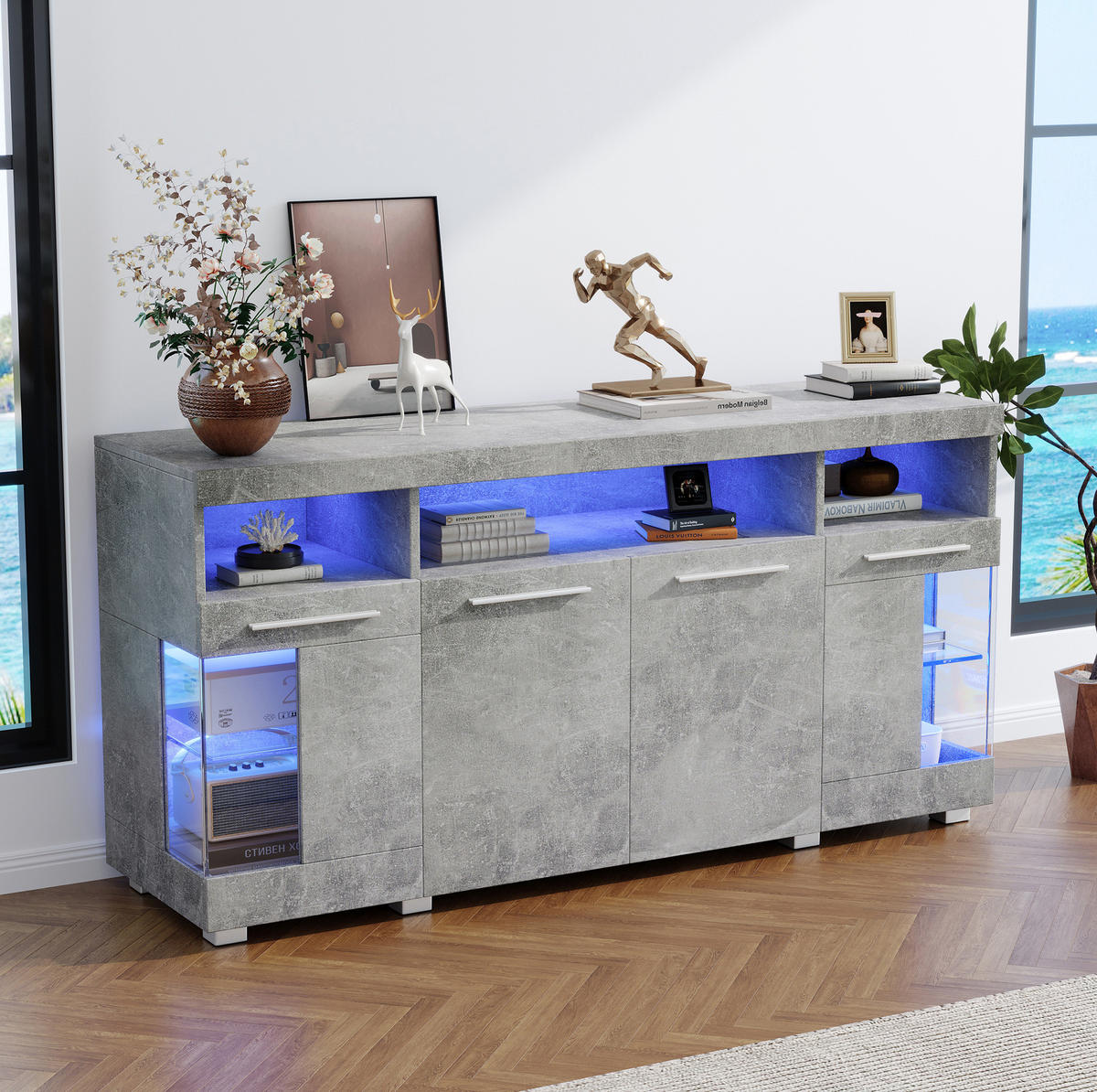 SIDEBOARD 140/40/70 cm Zementgrau aus MDF mit LED-Beleuchtung - Grau, Holzwerkstoff (40/70/140cm) - OKMYHOME