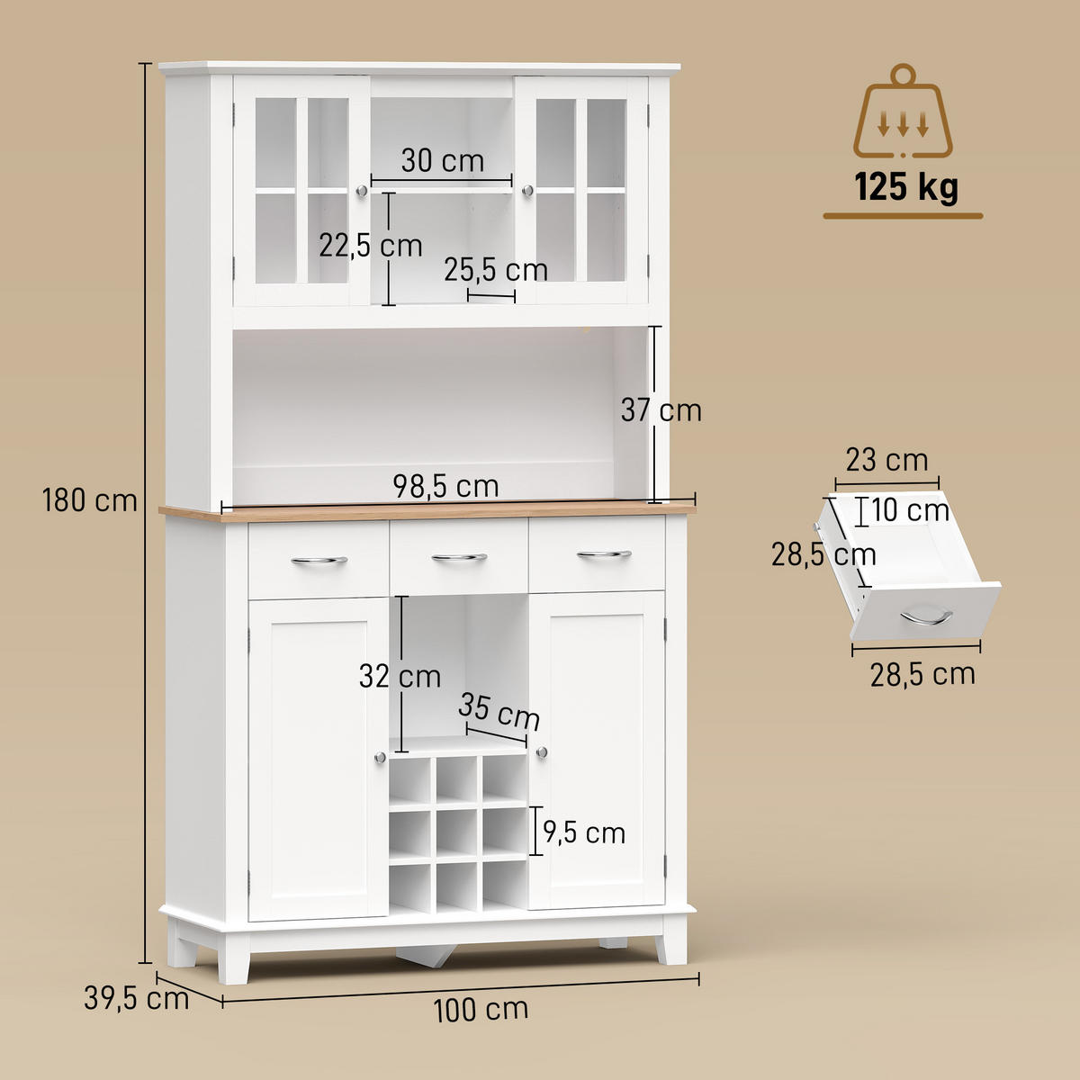 BUFFET DE-11344 LED-Licht & Weinkeller, 4 Türen, 3 Schubladen Weiß - Weiß, Holzwerkstoff (39.5/180/100cm) - ComfortXL