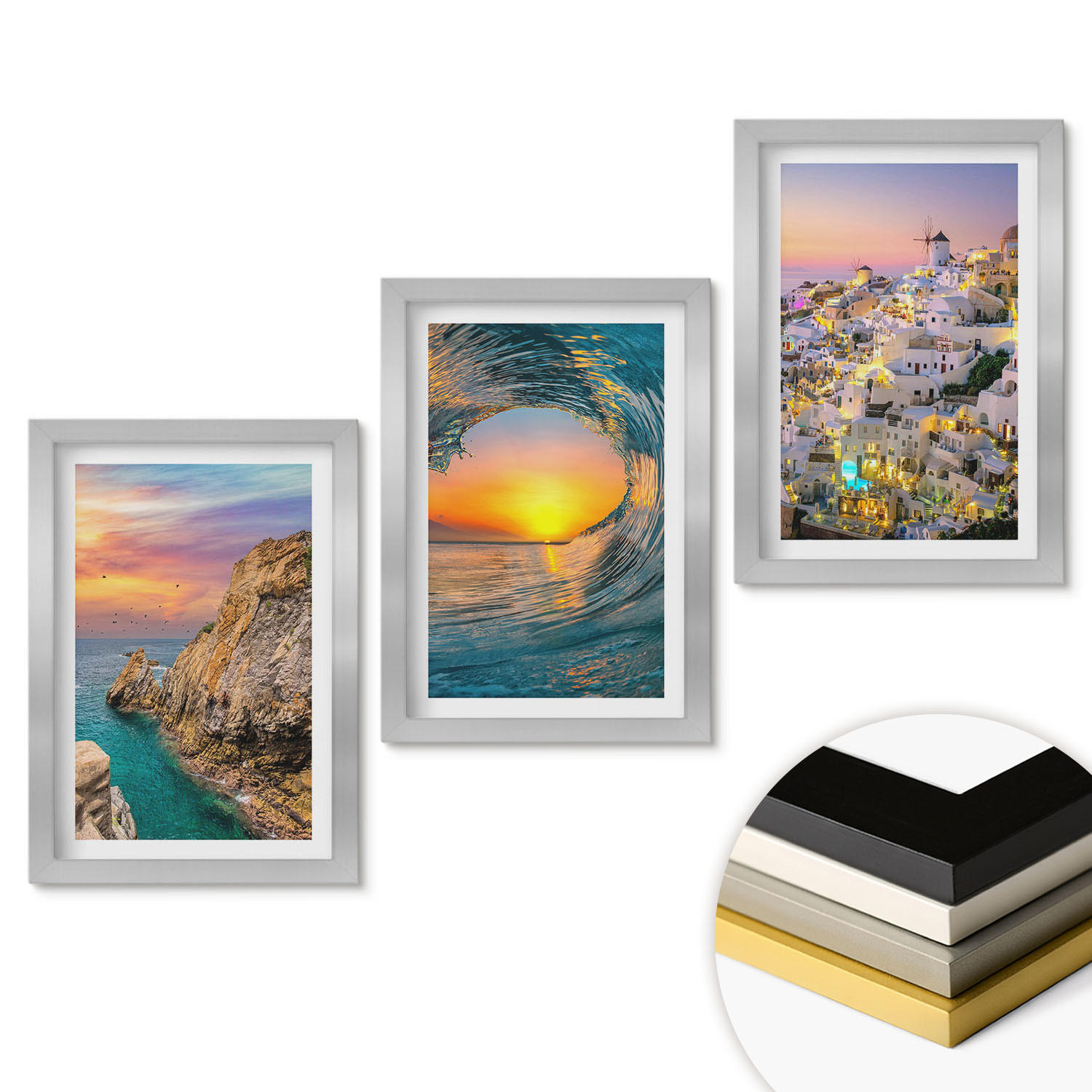 WANDBILDER 3er Set - 20x30 cm Silberner Rahmen - Meereswellen, weiße Häuser, Santorini - Silberfarben, Kunststoff (20/30cm) - ArtPrintCave