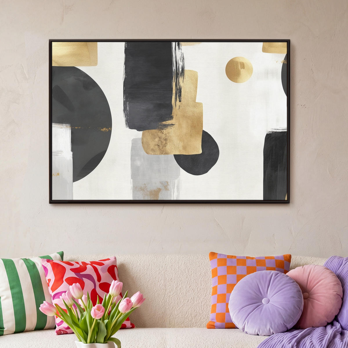 LEINWAND Bilder mit Rahmen - Gold - Rechtecke - Kreise - Abstrakt - 90x60 - Weiß, Textil (90/60cm) - MuchoWow