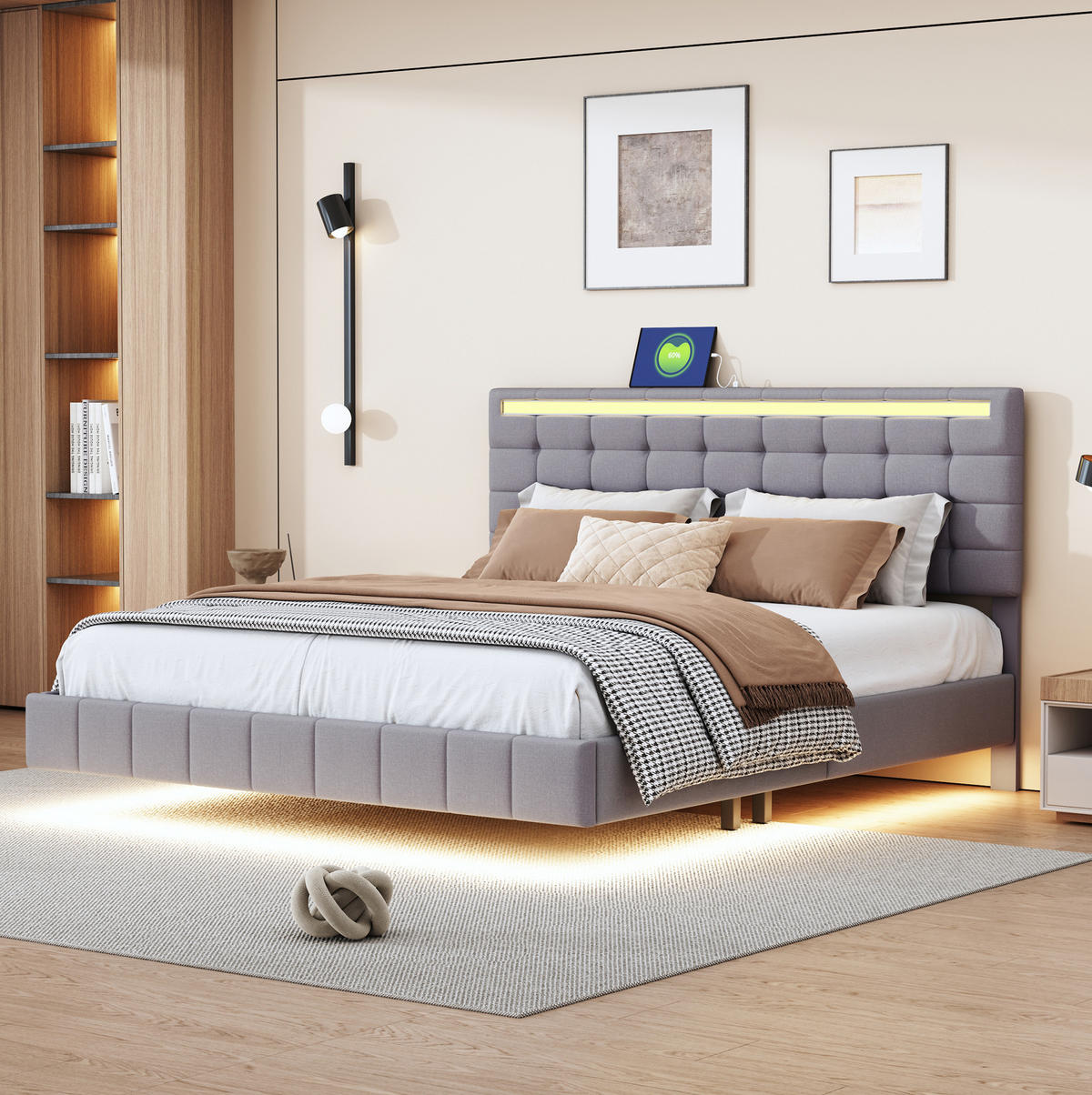 POLSTERBETT 160/200 cm mit LED-Beleuchtung und schwebender Optik, Beige - Grau, Textil (160/200cm) - Redom