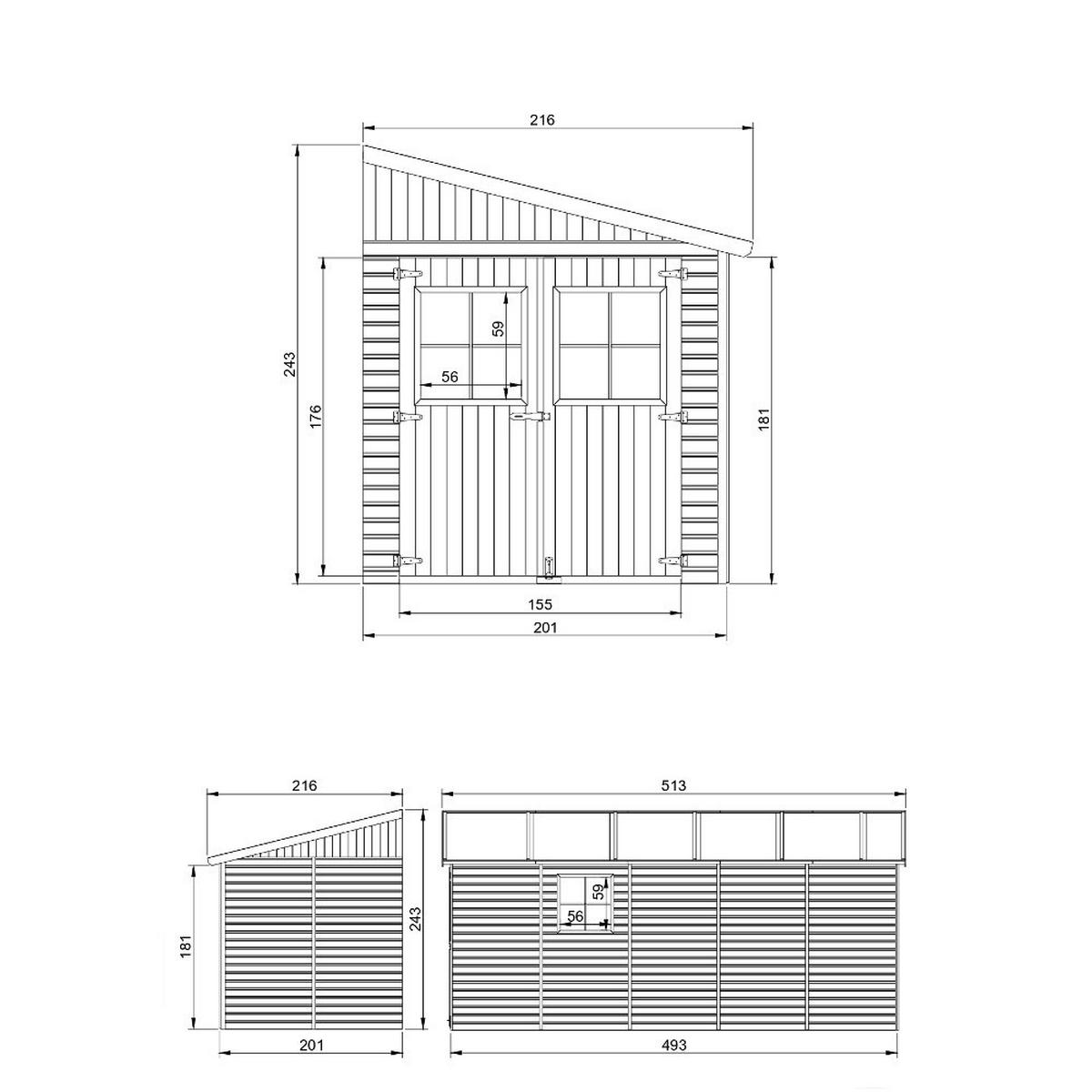 HOLZ-GARTHENHAUS (ohne Seitenwand) MIT IMPRÄGNIERTEM BODEN - H244x211x514 cm/10 m2 - M341+M341G - Beige, Holz (216/249/493cm) - Timbela