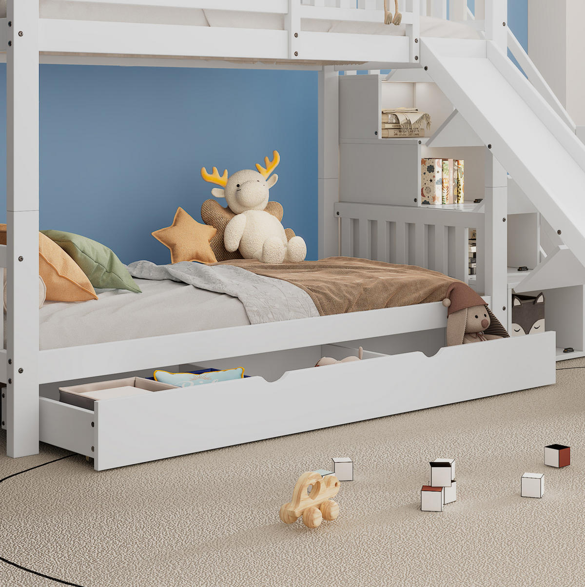 HAUSBETT 90/200 cm mit Rutsche und Treppe mit Stauraum, Weiß - Weiß, Holzwerkstoff (90/200cm) - Flora Grace