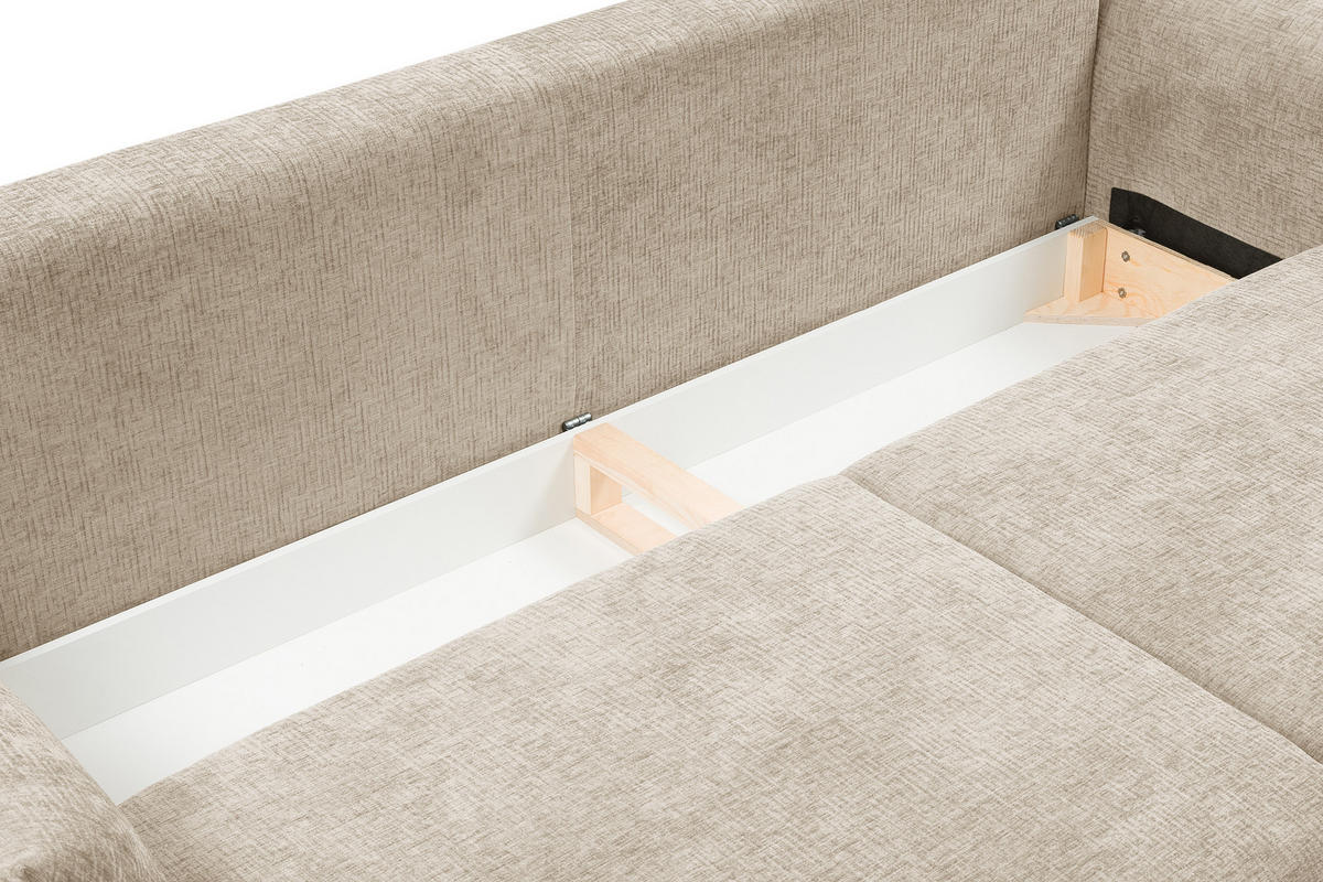 SOFA ADEL - Schlaffunktion Und Bettkasten, Wellenfederung, PUR-Schaum, Schwarze Metallfüße lose Rückenkissen, freistehend, 240x108x75 cm Beige - Beige, Holz/Textil (240/75/108cm) - DomoHome