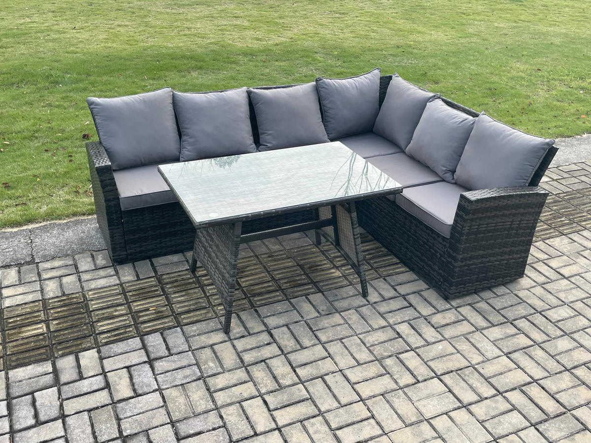 GARTENSOFA SET Hohe Rückenlehne Polyrattan Dunkelgrauer Mix 6-Sitzer - Dunkelgrau/Grau, Glas/Kunststoff - Fimous