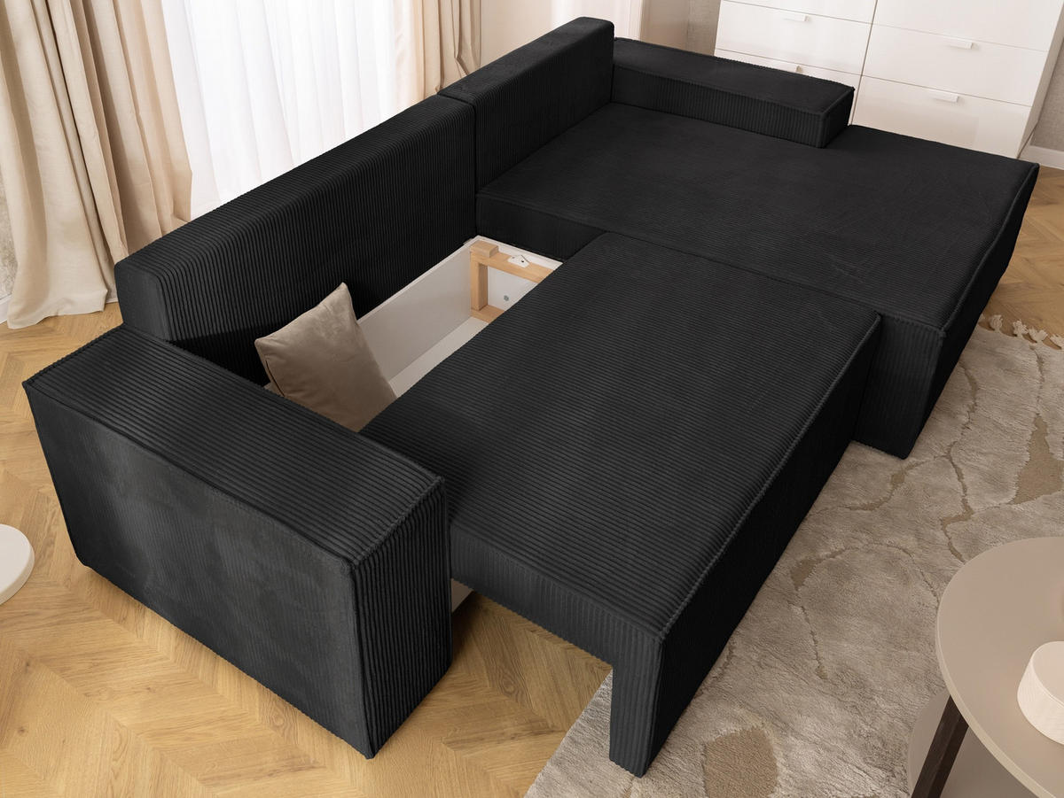 ECKSOFA Rivio mit Schlaffunktion und Bettkasten, Cordstoff Schwarz - Schwarz, Holz/Kunststoff (262/149cm) - S-Style
