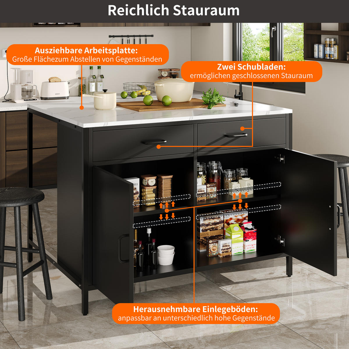 STEHTISCH 100x90x90cm Schwarz Marmoroptik mit 2 Schubladen & Eisenbeinen - Schwarz, Holzwerkstoff (100/90/90cm) - Modfu