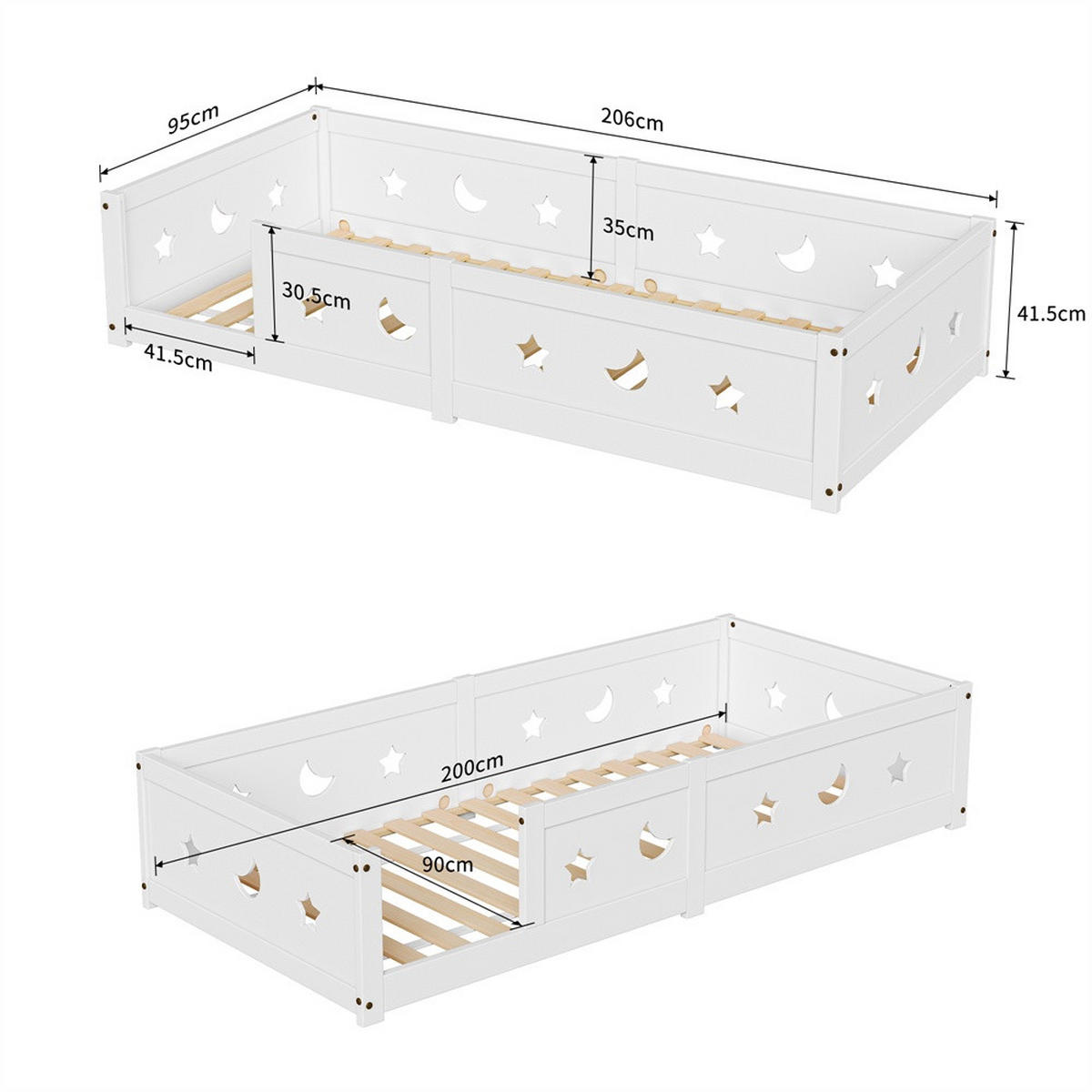 KINDERBETT 90x200 cm - Bodenbett mit Rausfallschutz - mit Sternen- und Mondmotiven - ohne Matratze - Weiß - Weiß, Holz (90/200cm) - DELFA