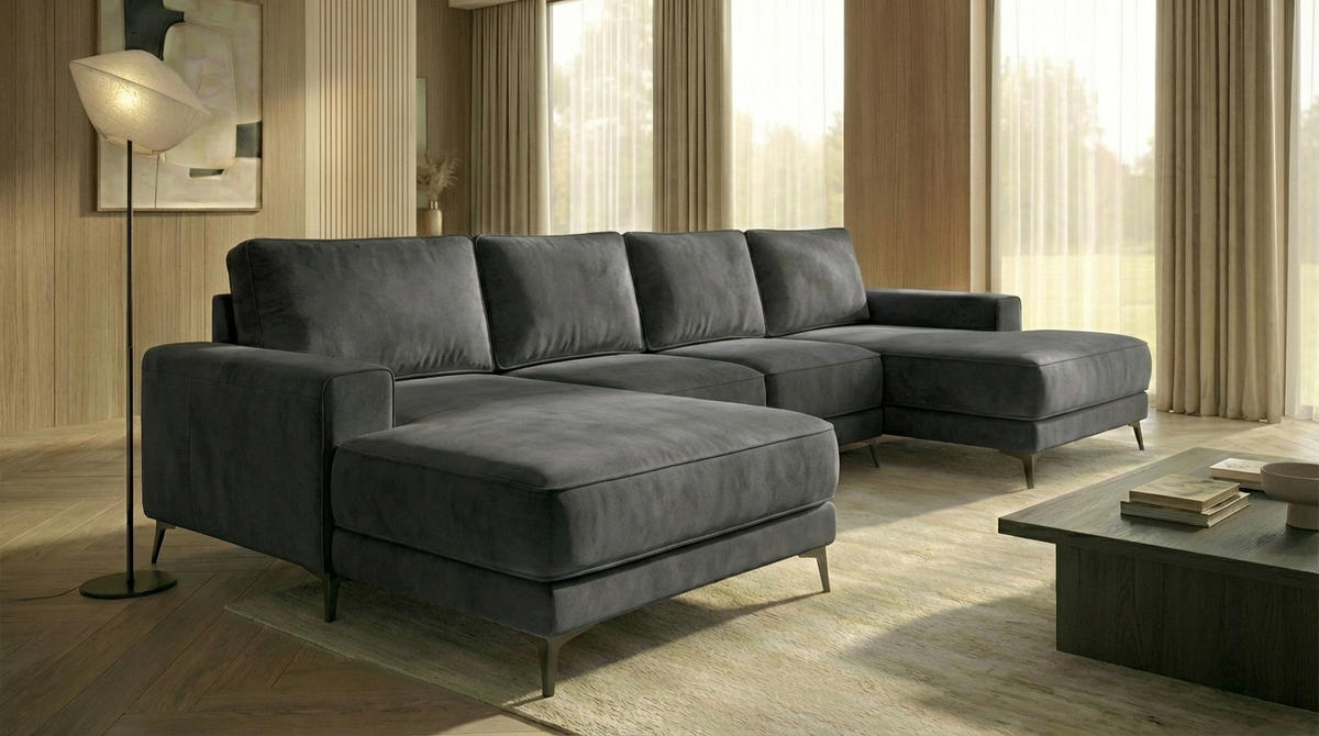 ECKSOFA VALTOR 320 cm x 185 cm – Stoff: CASABLANCA Graphit 15 Farbe: Dunkelgrau - Dunkelgrau, Textil (320/185cm) - A&J MöbelLand