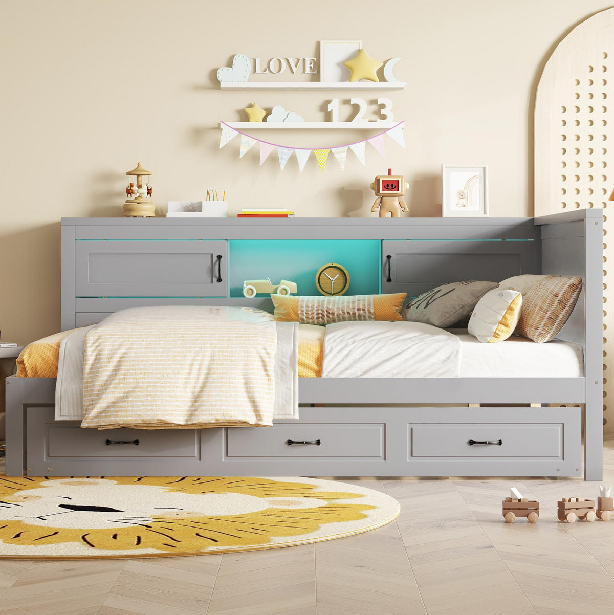 BETT 90/200 cm Grau mit Ausziehbett und LED-Beleuchtung - Grau, Holzwerkstoff (90/200cm) - Flora Grace