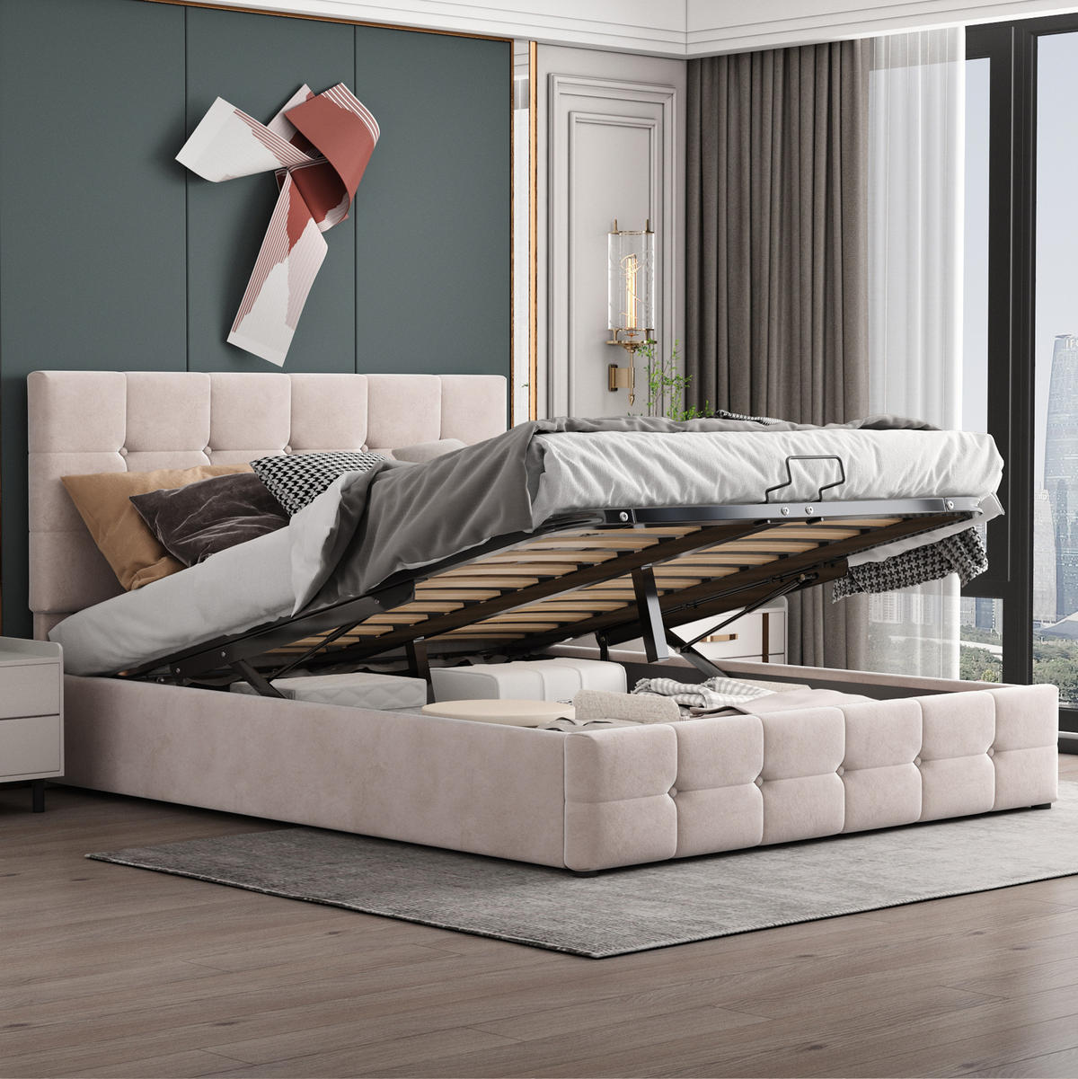 POLSTERBETT mit Bettkasten 203 x 140 cm Samt Cremeweiß - Beige, Metall (140/200cm) - Meubliv