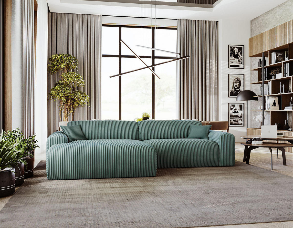 ECKSOFA mit Longchair - Cord - Schwarz/Grün, Kunststoff/Textil (284/178cm) - home24