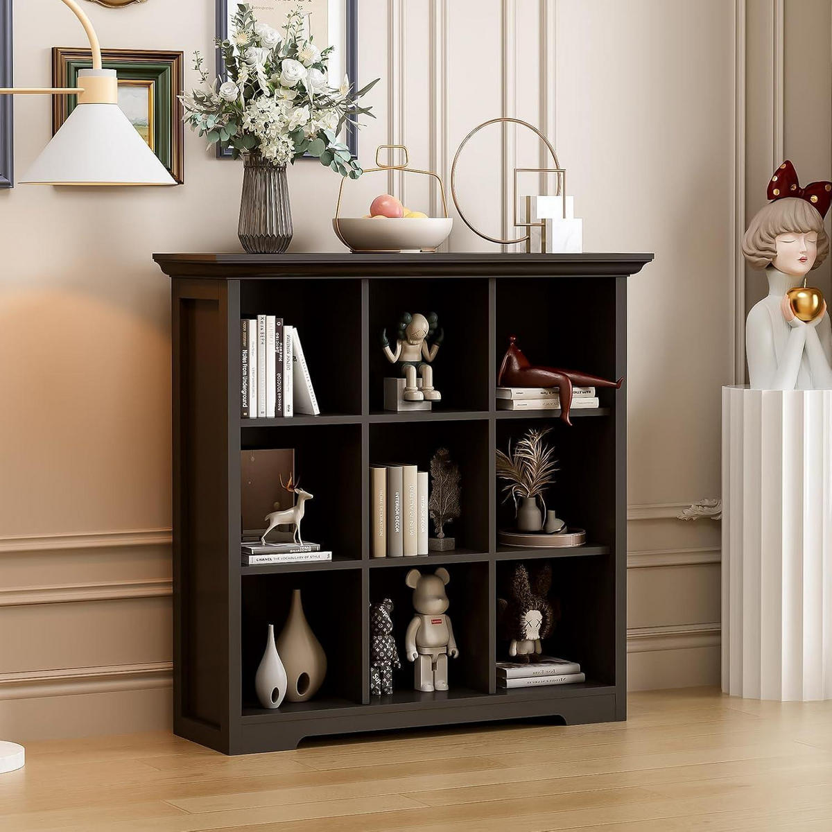 BÜCHERREGAL mit Sockel 9 Fächer Schwarz 99 x 98 cm - Schwarz, Holzwerkstoff (98/99/34cm)