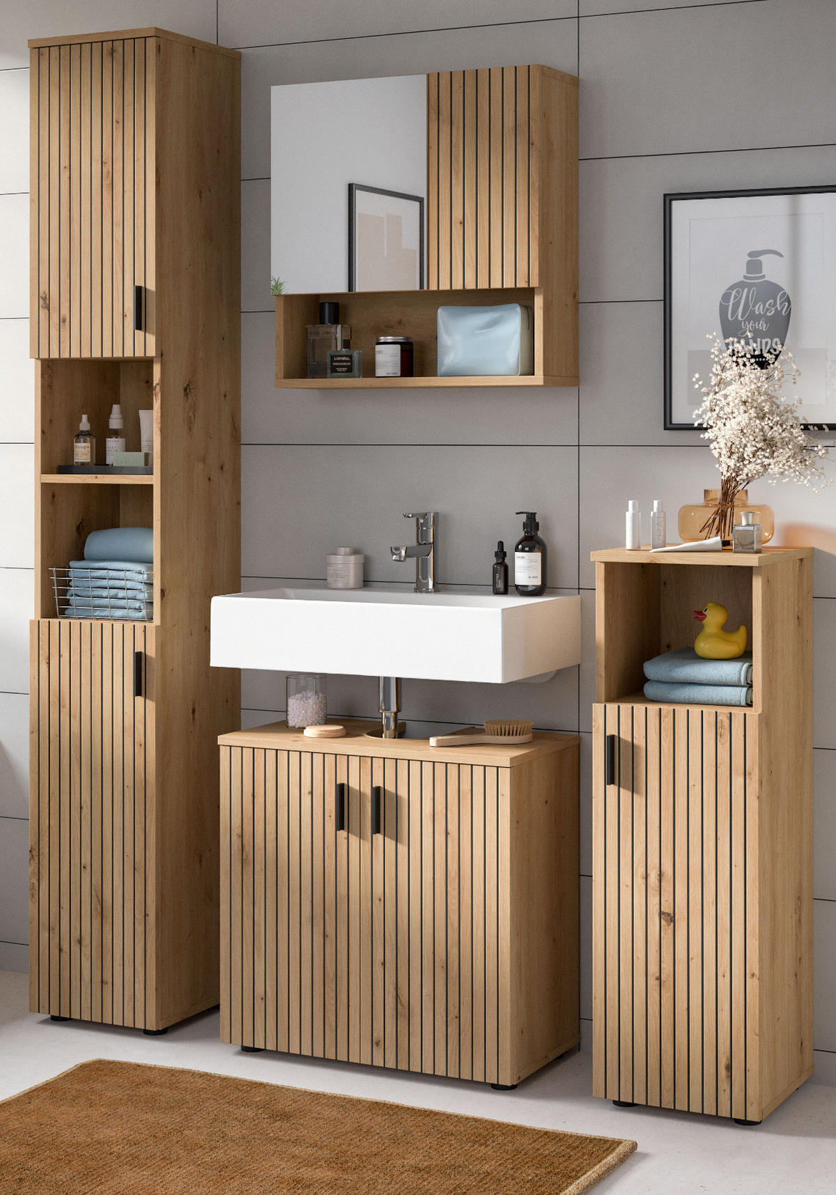 BADMÖBEL-SET Eiche Artisan 4-teilig 150 cm, Badkombination mit viel Stauraum - Schwarz/Eiche Artisan, Glas/Holzwerkstoff (150/192/30cm) - Inn.Furn