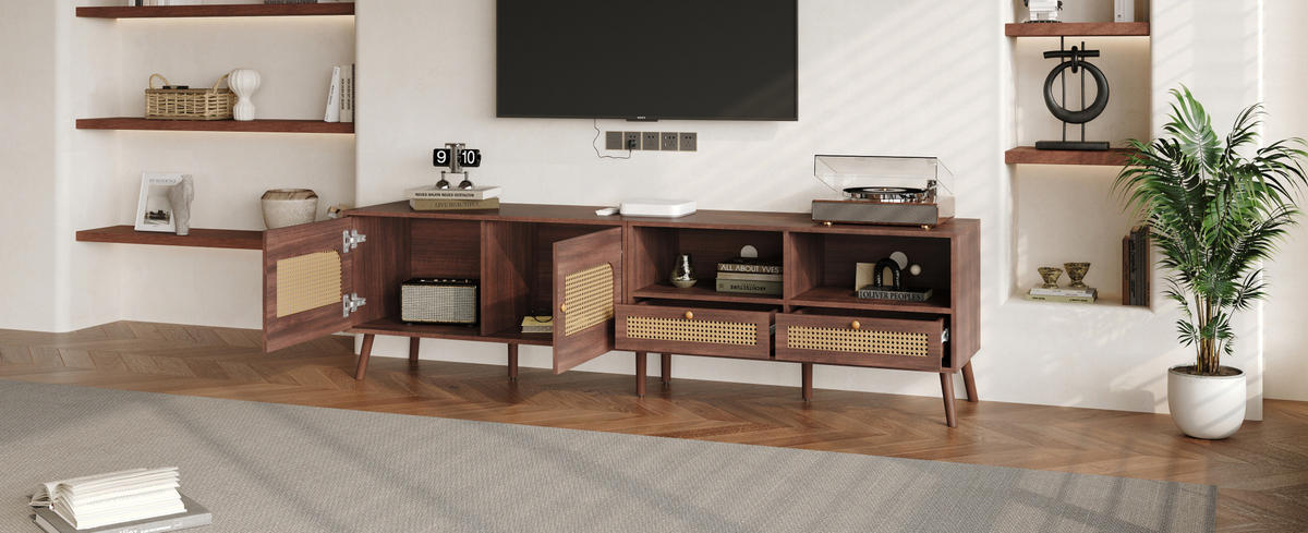 TV-LOWBOARD in Braun mit 2 Rattantüren und 2 Schubladen 200/37/49.5 cm - Braun, Holzwerkstoff (200/49.5/37cm) - Redom