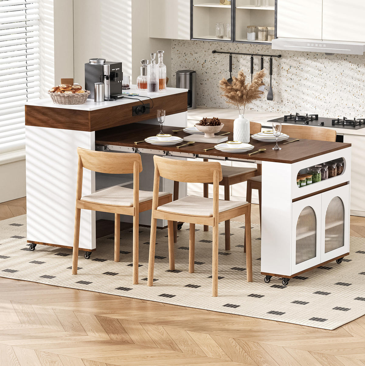 KÜCHENINSEL 50,5-187,5/110,5/95,5 cm aus MDF mit ausziehbarer Tischplatte, Rollen und Steckdosenleiste, Weiß/Walnuss - Walnussfarben, Holzwerkstoff (110.5/95.5/50.5cm) - Redom