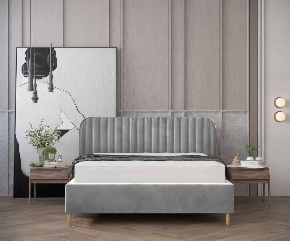 POLSTERBETT Noto Grau 120/200 cm im Samtstoff - Naturfarben/Grau, Holz/Holzwerkstoff (120/200cm) - Maison de Reve